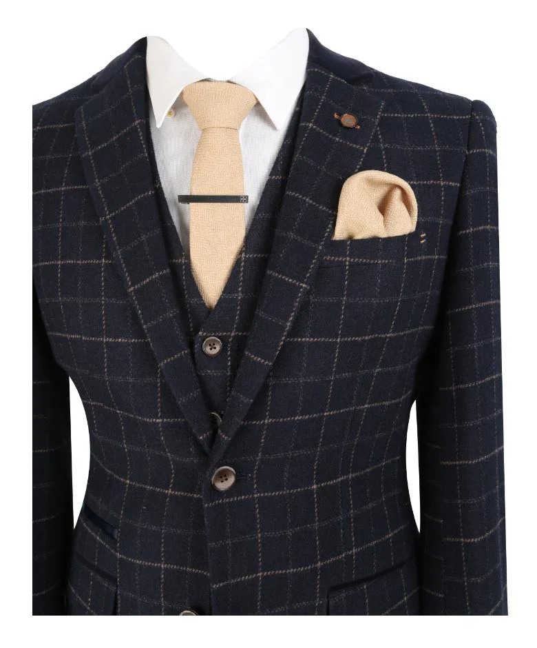 Men's Tweed Check Slim Fit Navy Suit- SHELBY - Navy Blue - Image 3