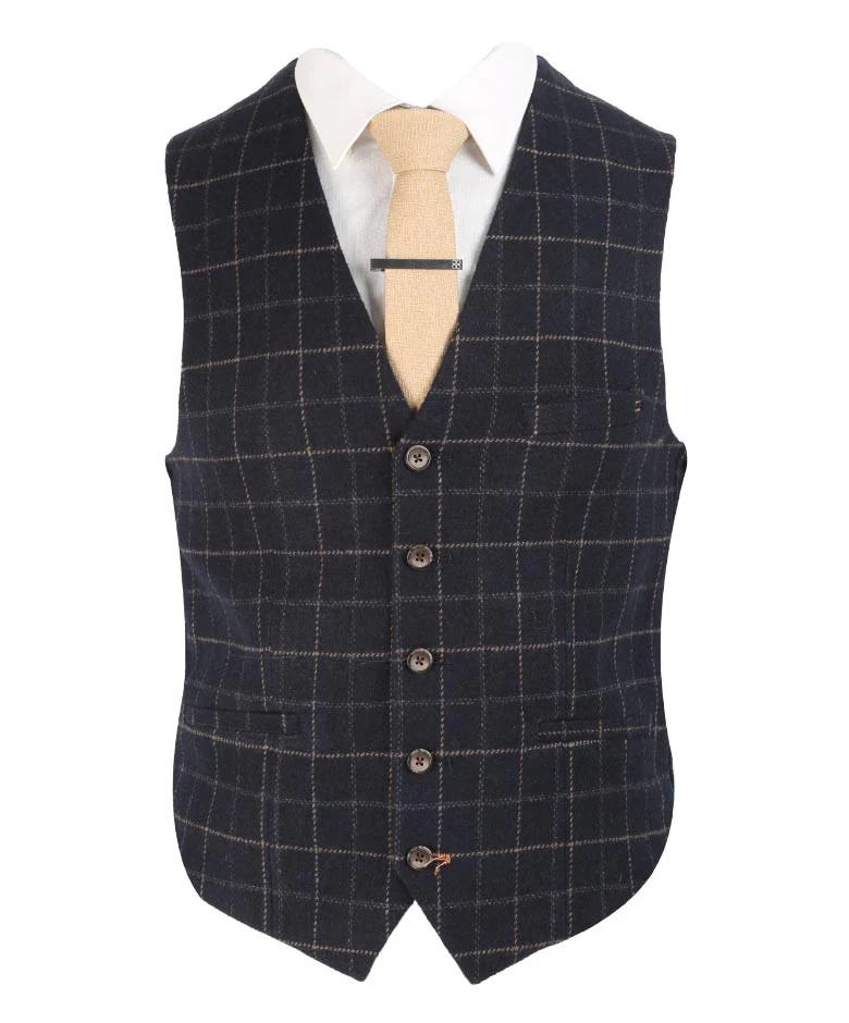Men's Tweed Check Slim Fit Navy Suit- SHELBY - Navy Blue - Image 4