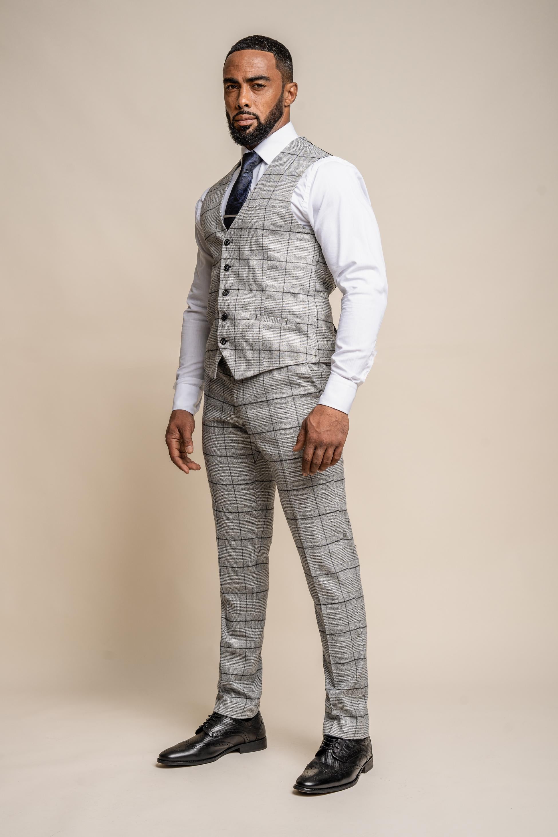 Men's Tweed Windowpane Check Slim Fit Suit - GHOST Grey - Light Grey - Image 4