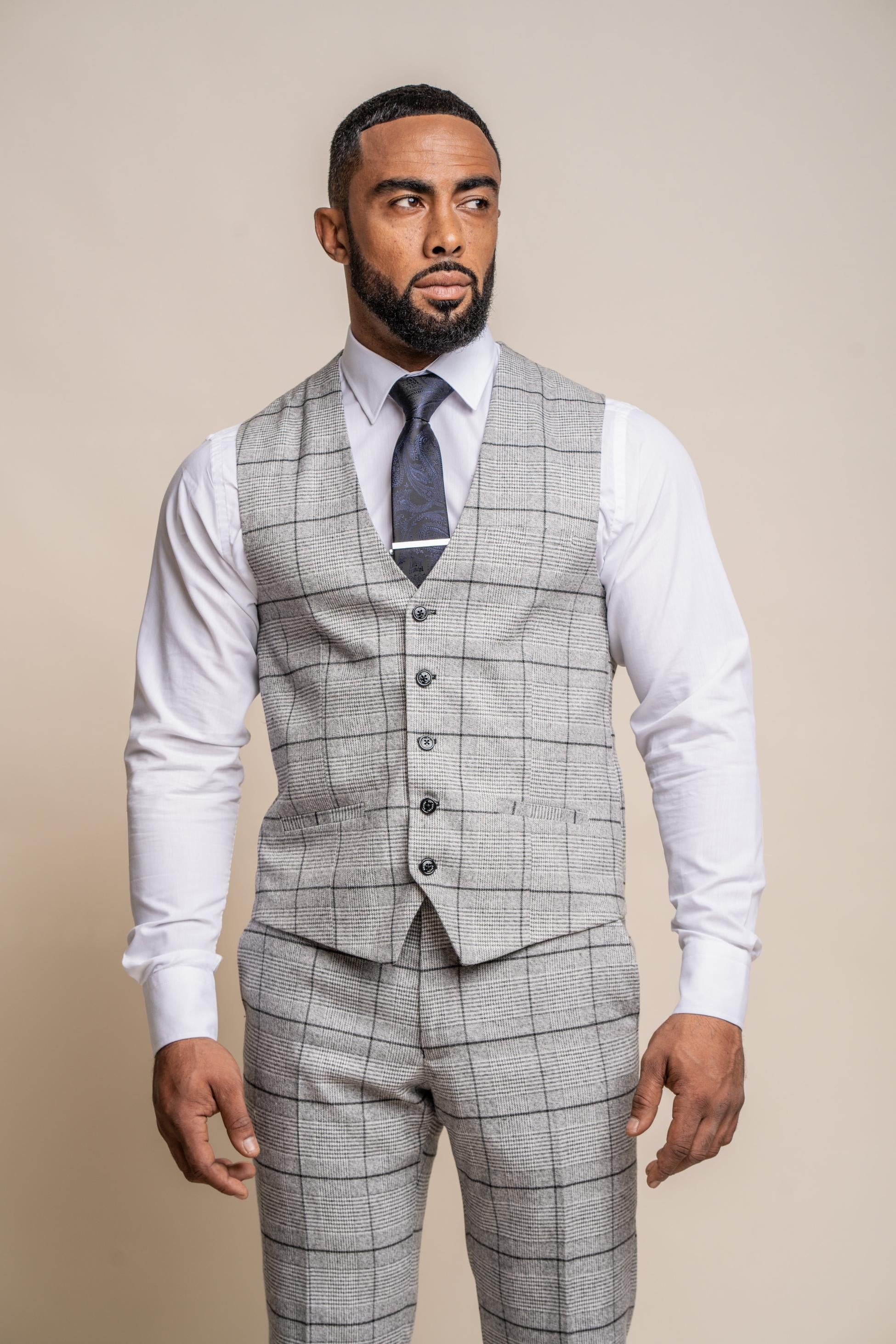 Men's Tweed Windowpane Check Slim Fit Suit - GHOST Grey - Light Grey - Image 5