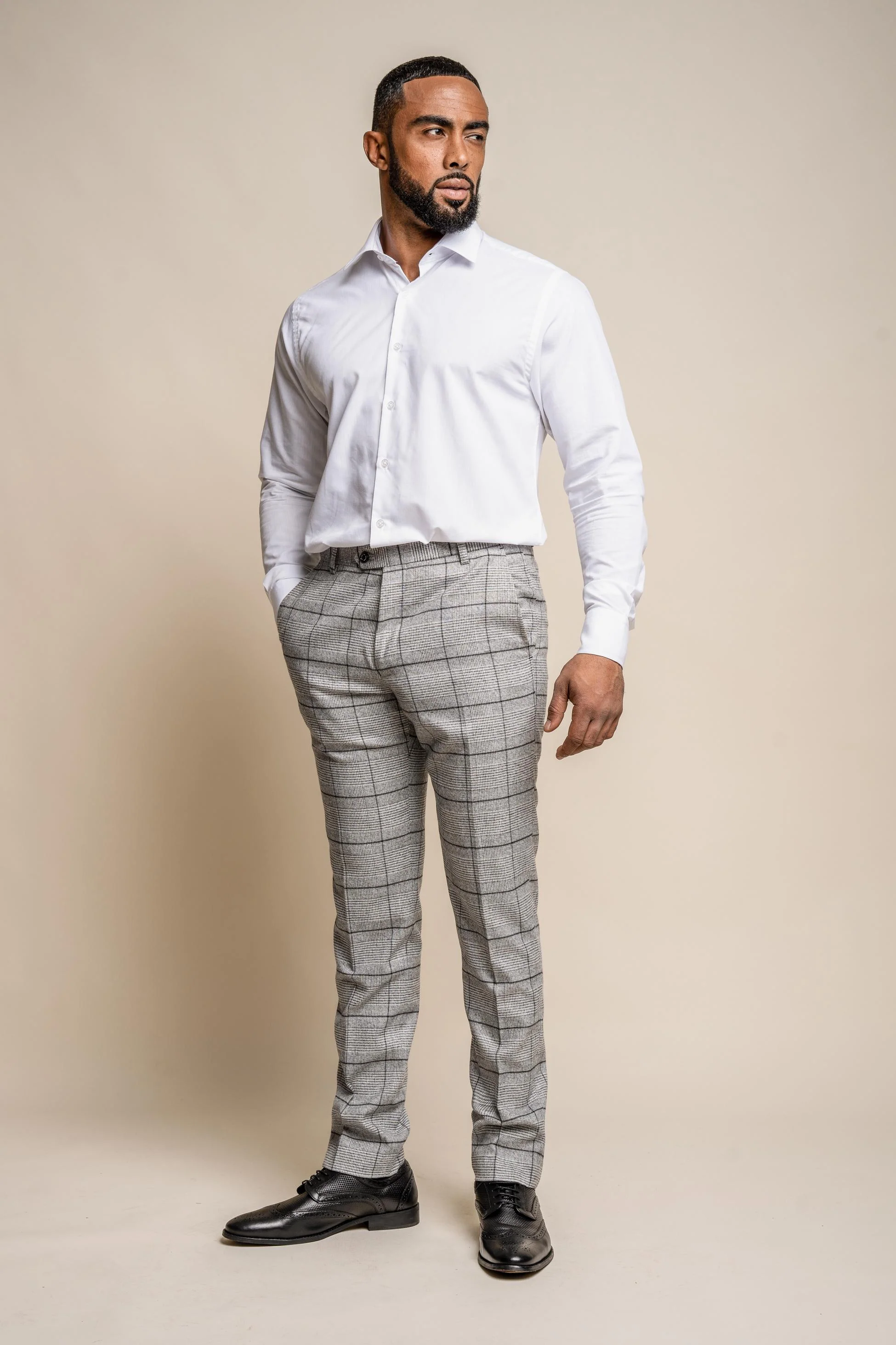 Men's Tweed Windowpane Check Slim Fit Suit - GHOST Grey - Light Grey - Image 7