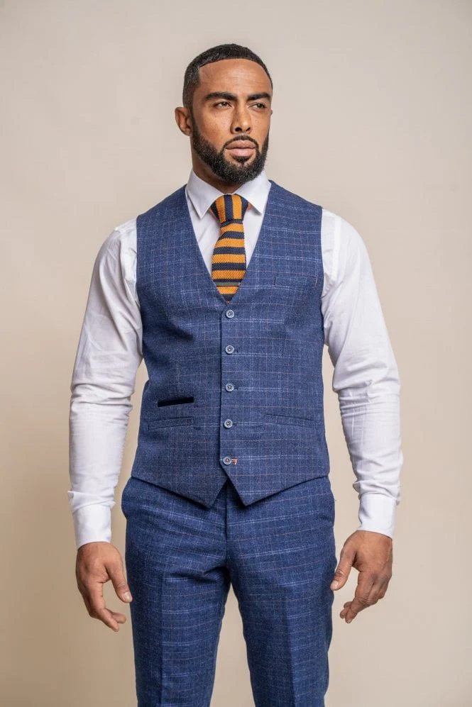 Men's Tweed Check Navy Slim Fit Suit - KAISER - Navy Blue - Image 4