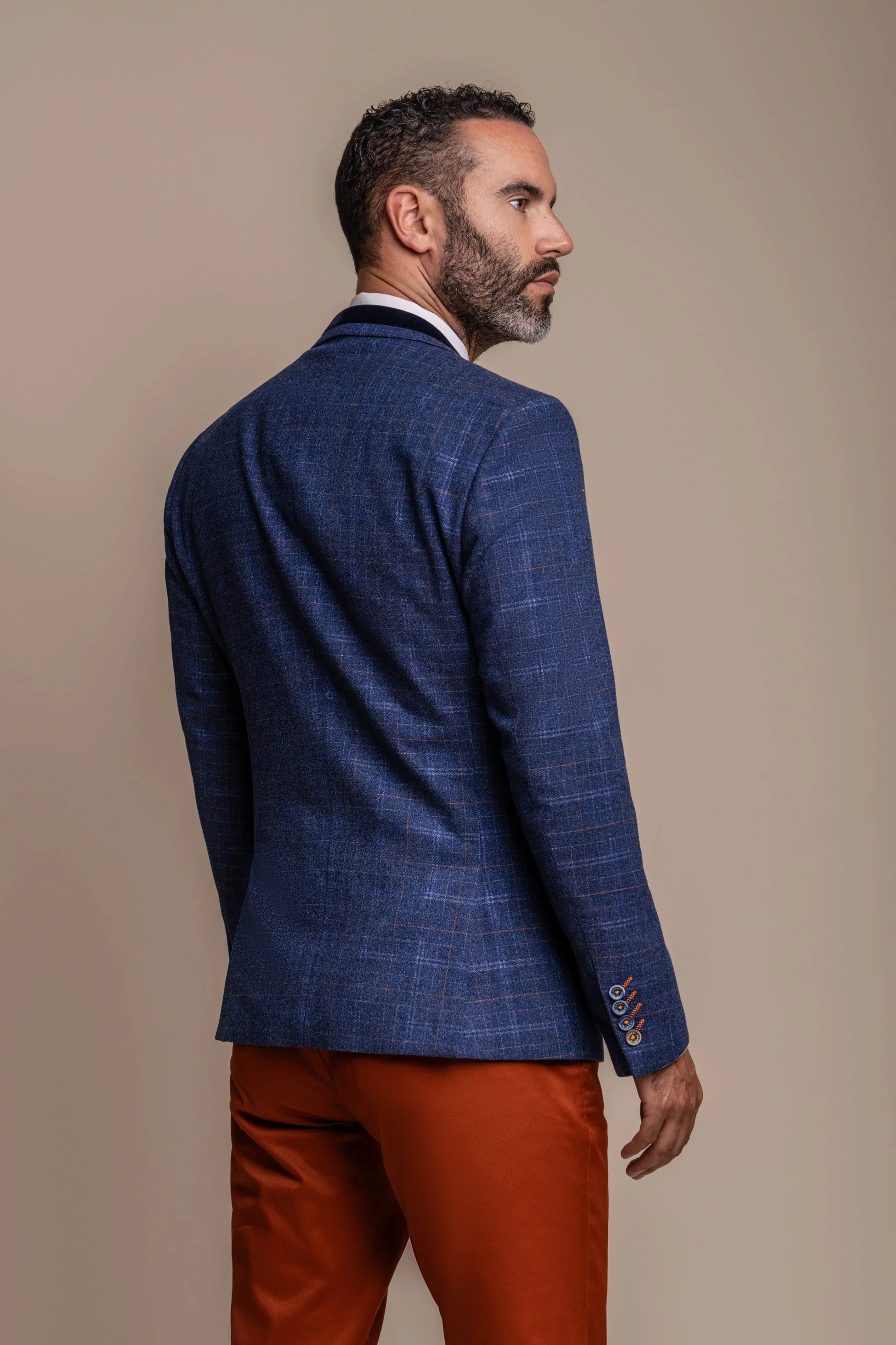 Men's Tweed Check Blue Suit & Brown Chino, Combined Suit Set - Navy Blue with Rust Brown - Image 3