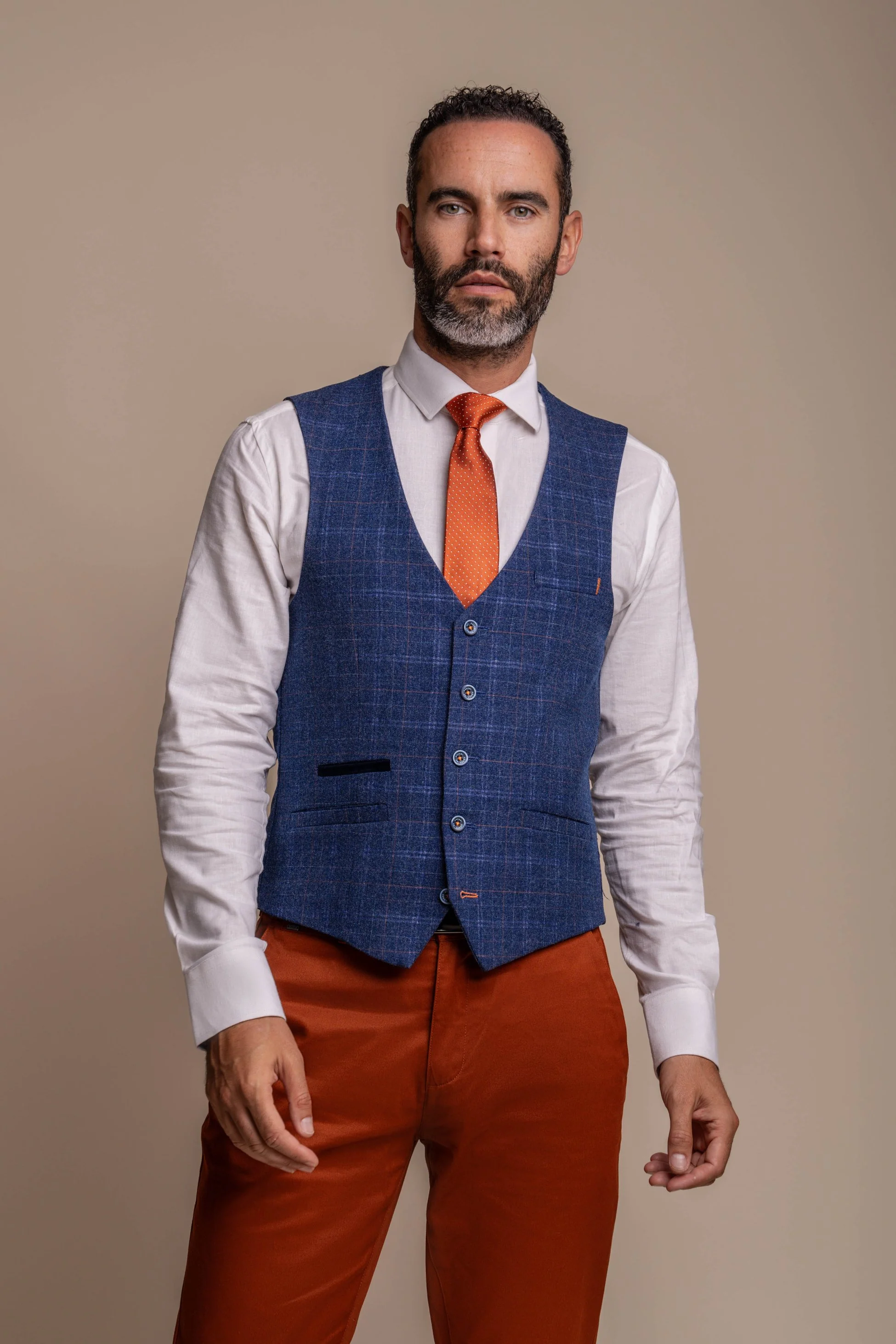 Men's Tweed Check Blue Suit & Brown Chino, Combined Suit Set - Navy Blue with Rust Brown - Image 4