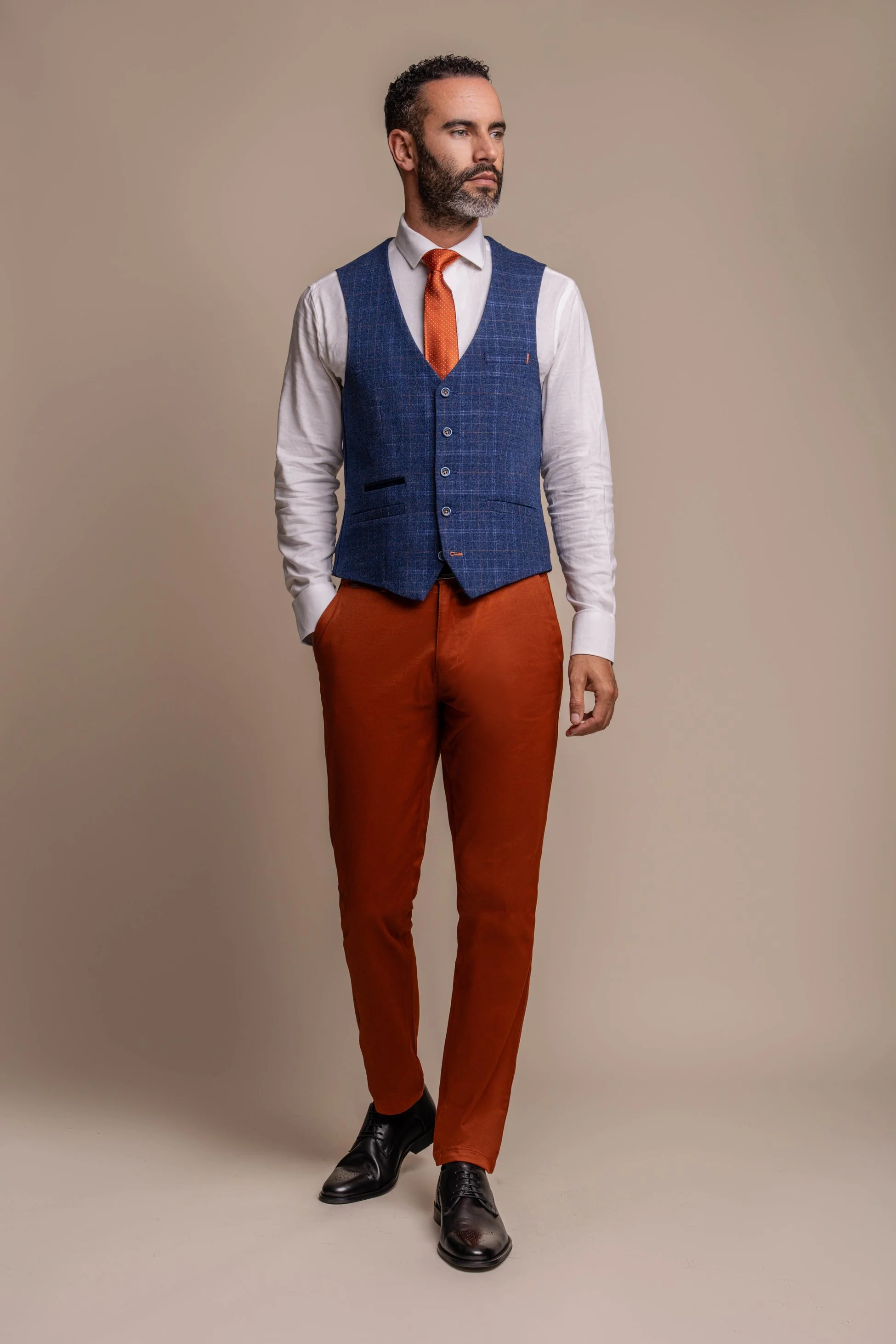Men's Tweed Check Blue Suit & Brown Chino, Combined Suit Set - Navy Blue with Rust Brown - Image 5