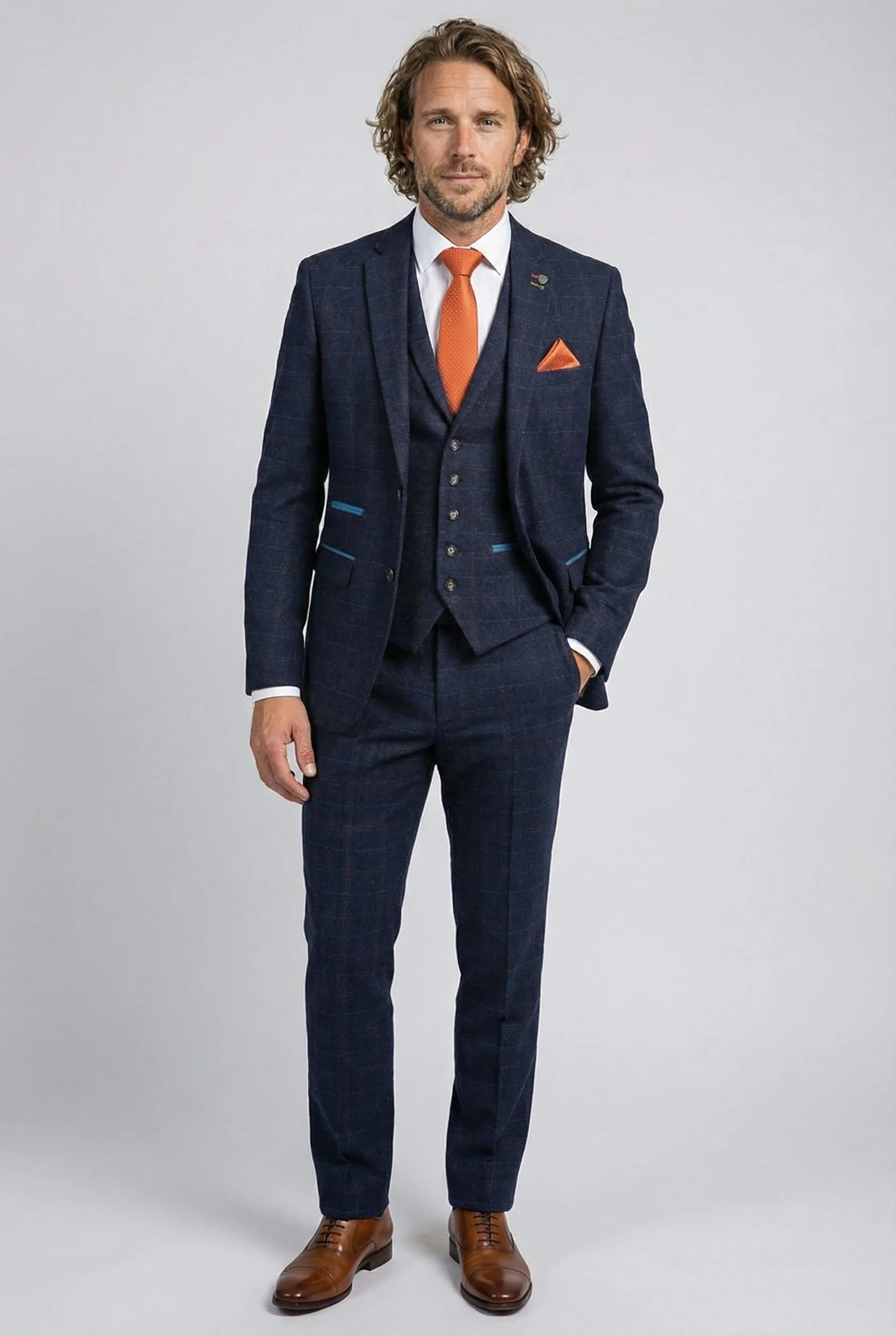 Men's Tweed Windowpane Tailored Fit Navy Suit - RYAN - Navy Blue - Image 2