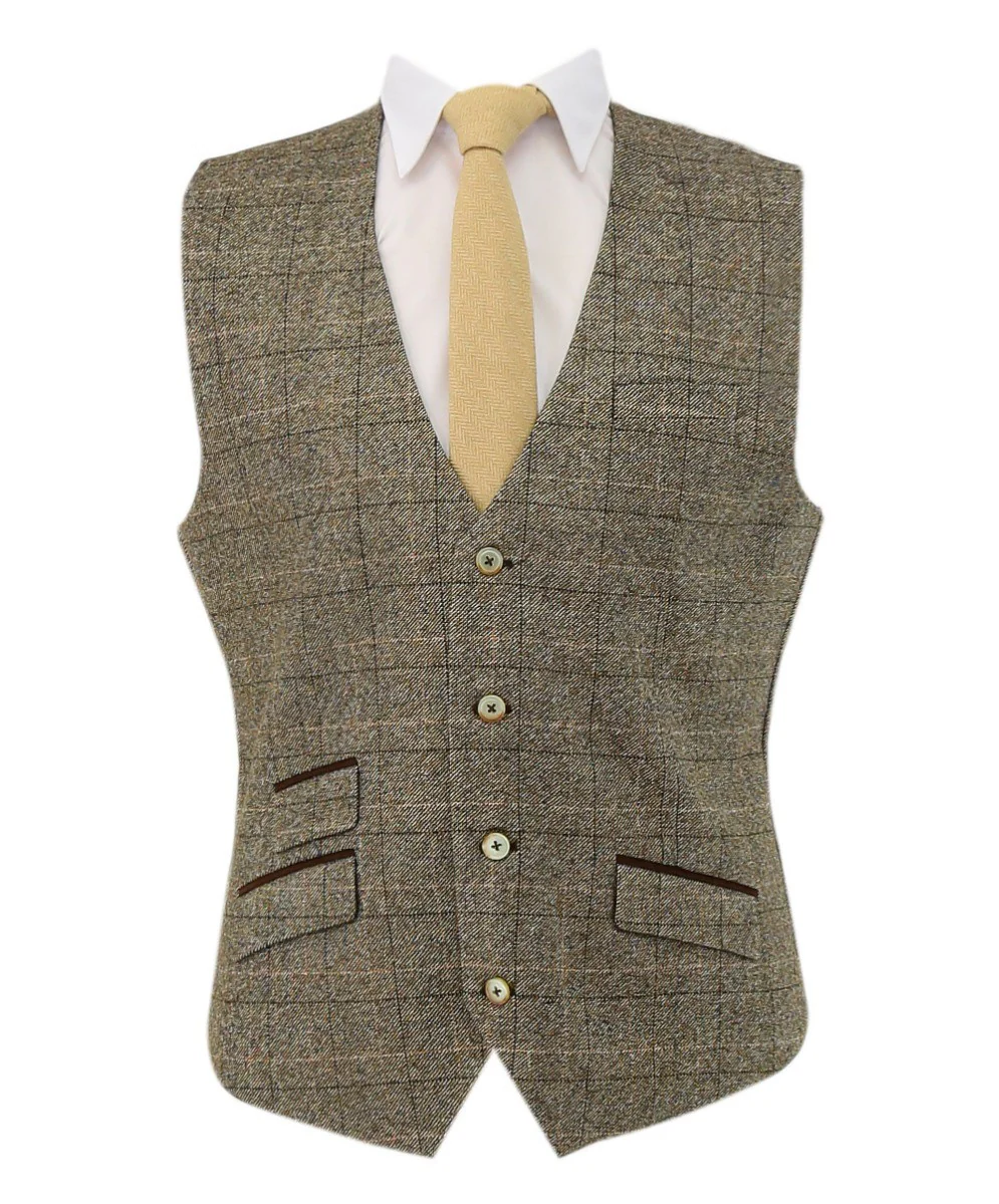 Men's Tweed Windowpane Check Waistcoat - LIAM Beige - Beige - Image 4