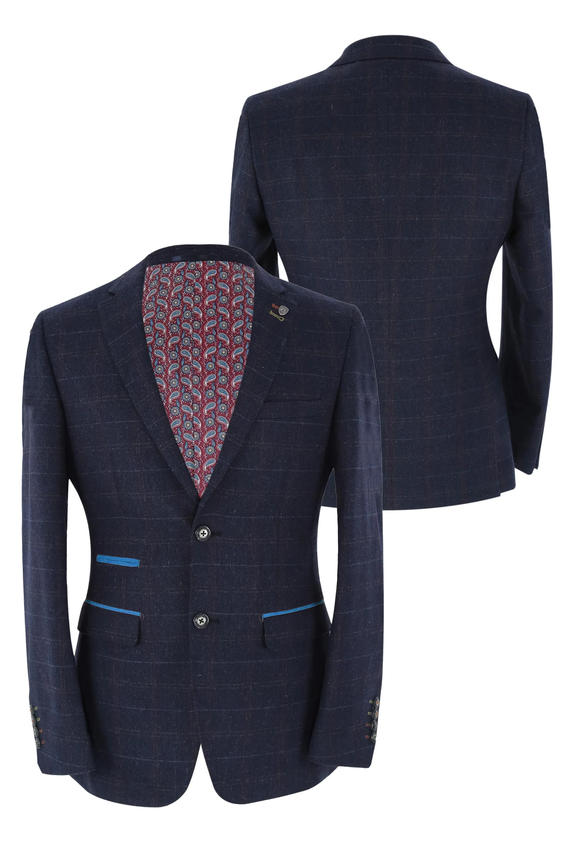Men's Tweed Windowpane Tailored Fit Navy Suit Jacket - RYAN - Navy Blue - Image 7