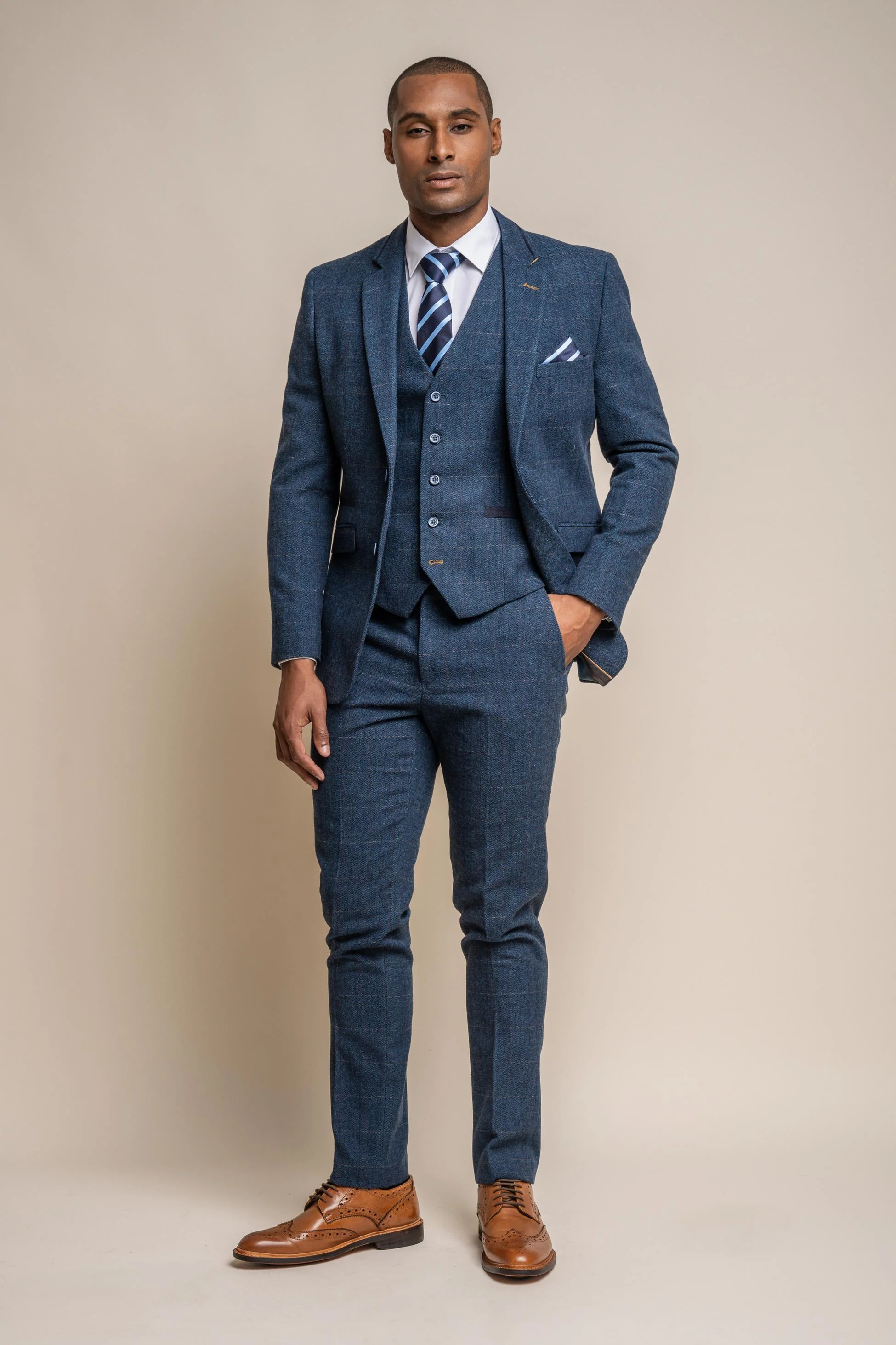 Men's Slim Fit Herringbone Tweed Blue Suit - CARNEGI - Navy Blue - Image 2