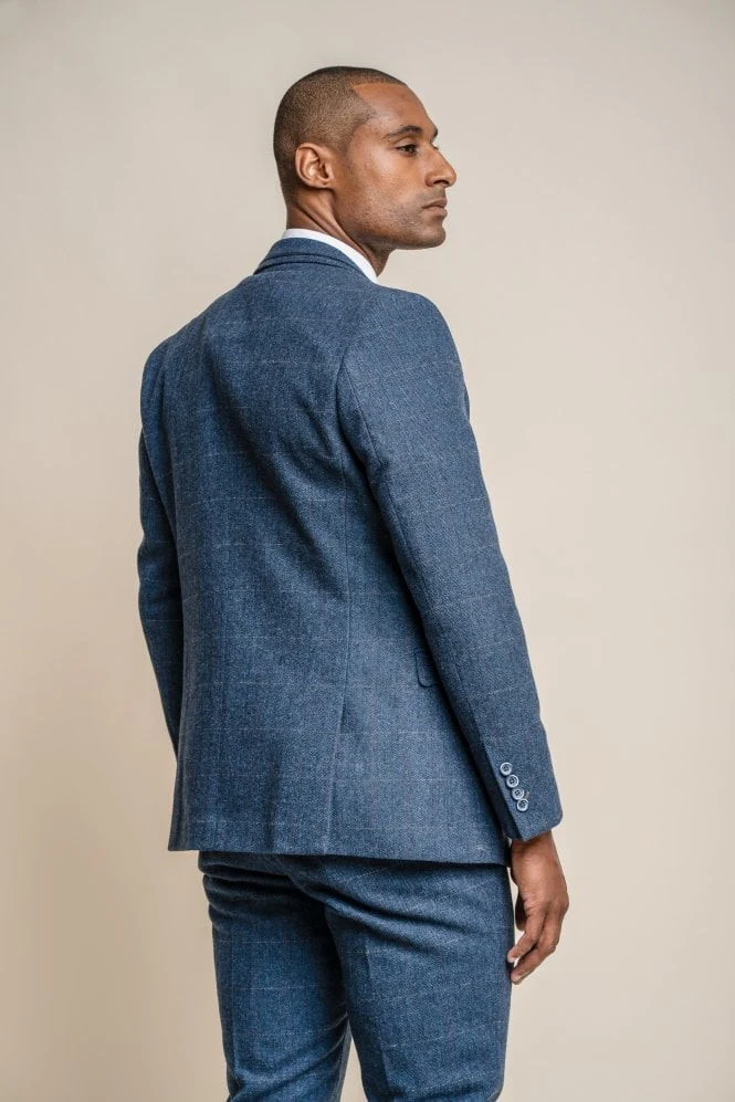Men's Slim Fit Herringbone Tweed Blue Suit - CARNEGI - Navy Blue - Image 3