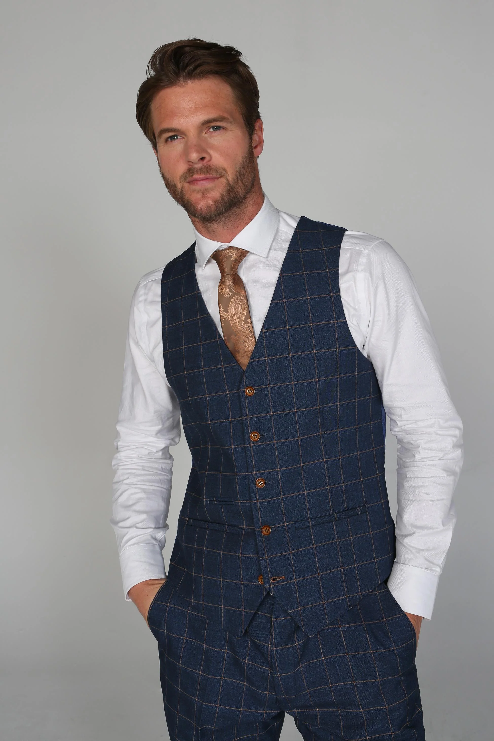 Men's Tailored Fit Windowpane Check Suit - HAMLEYS - Cornflower Blue - Image 7