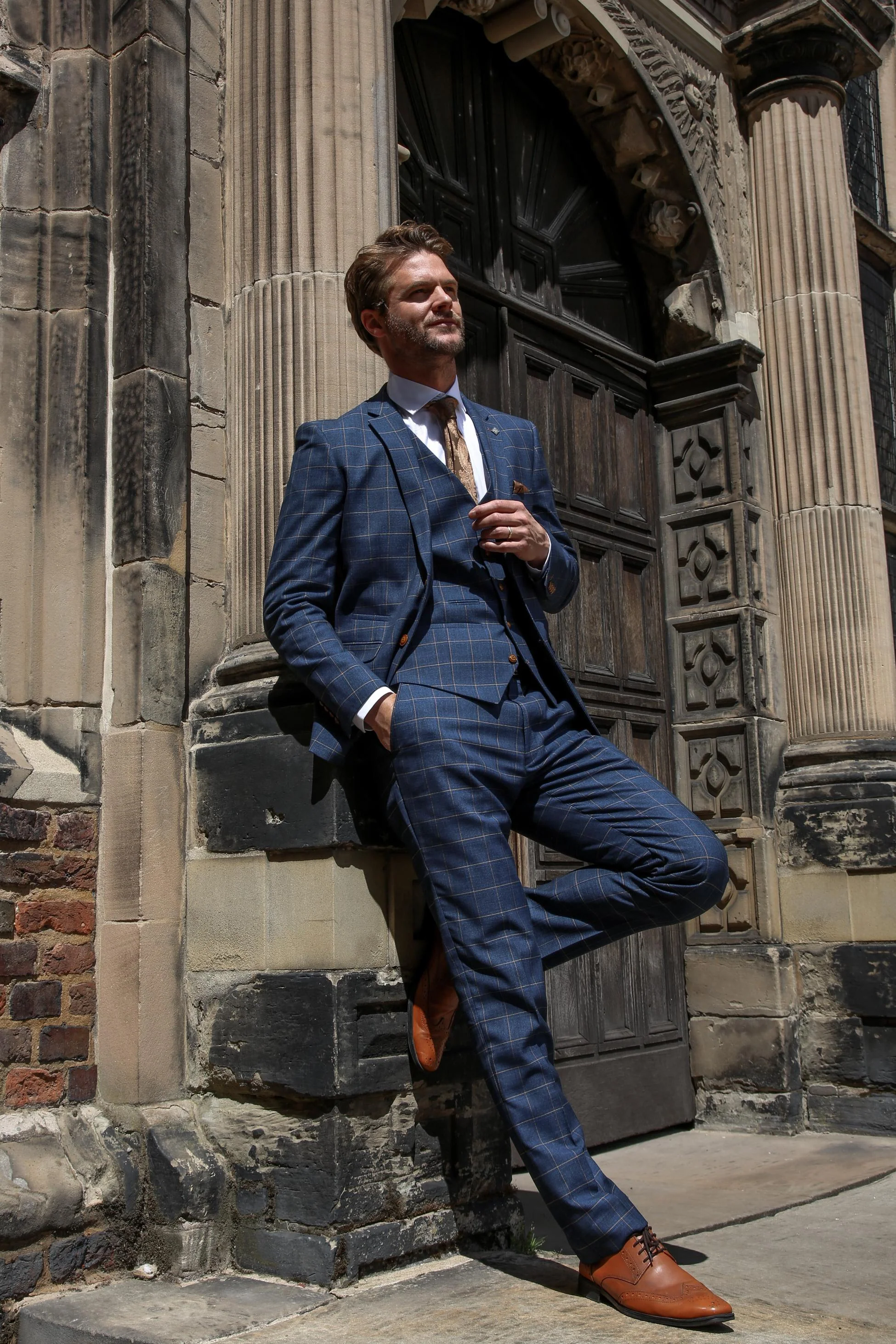 Men's Tailored Fit Windowpane Check Suit - HAMLEYS - Cornflower Blue - Image 9