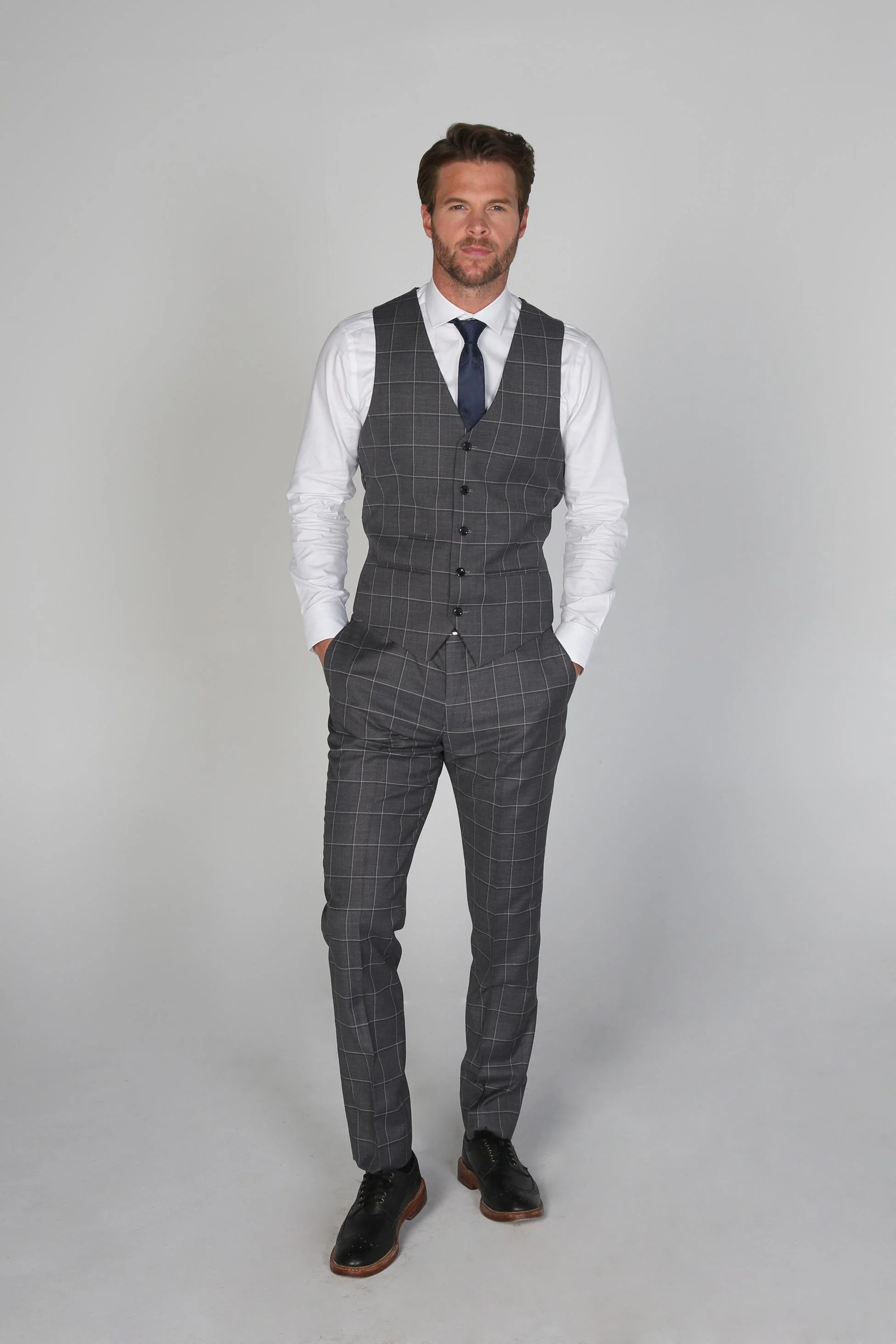 Men's Windowpane Check Tailored Fit Formal Suit - HOBBS - Grey - Image 7