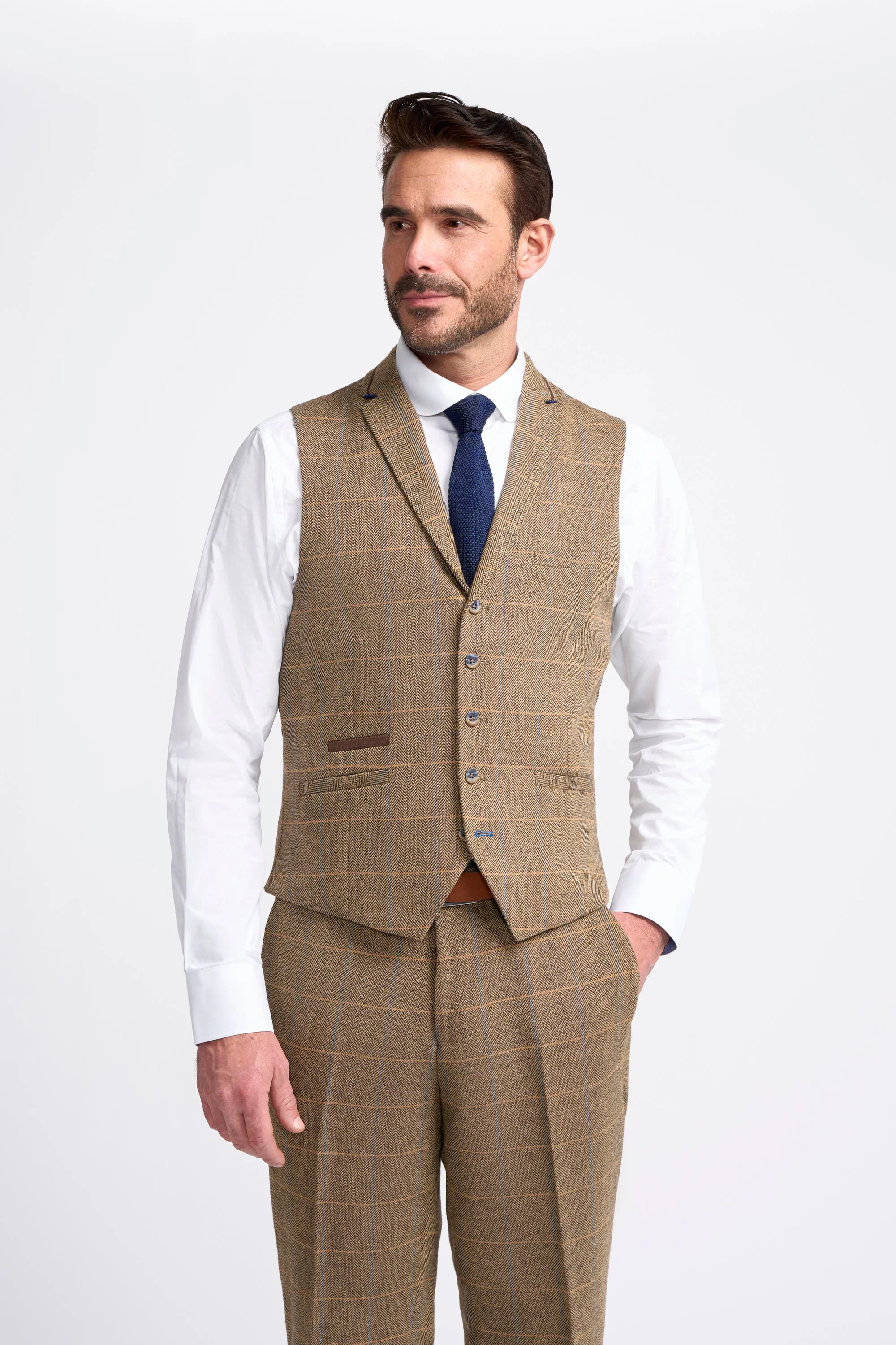 Men's Wool Blend Herringbone Check Suit - Albert - Brown - Image 5