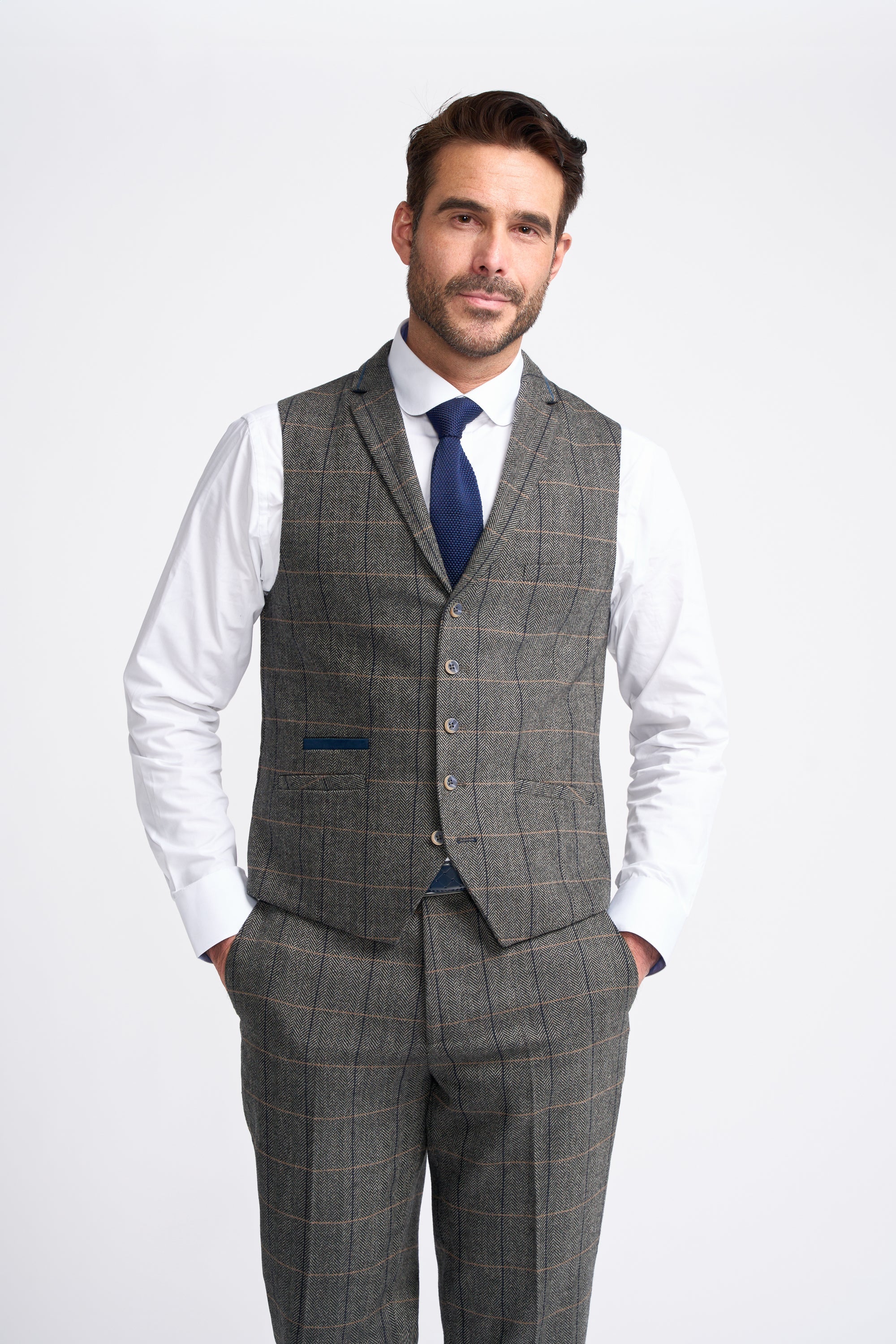 Men's Wool Blend Herringbone Check Suit - Albert - Grey - Image 5
