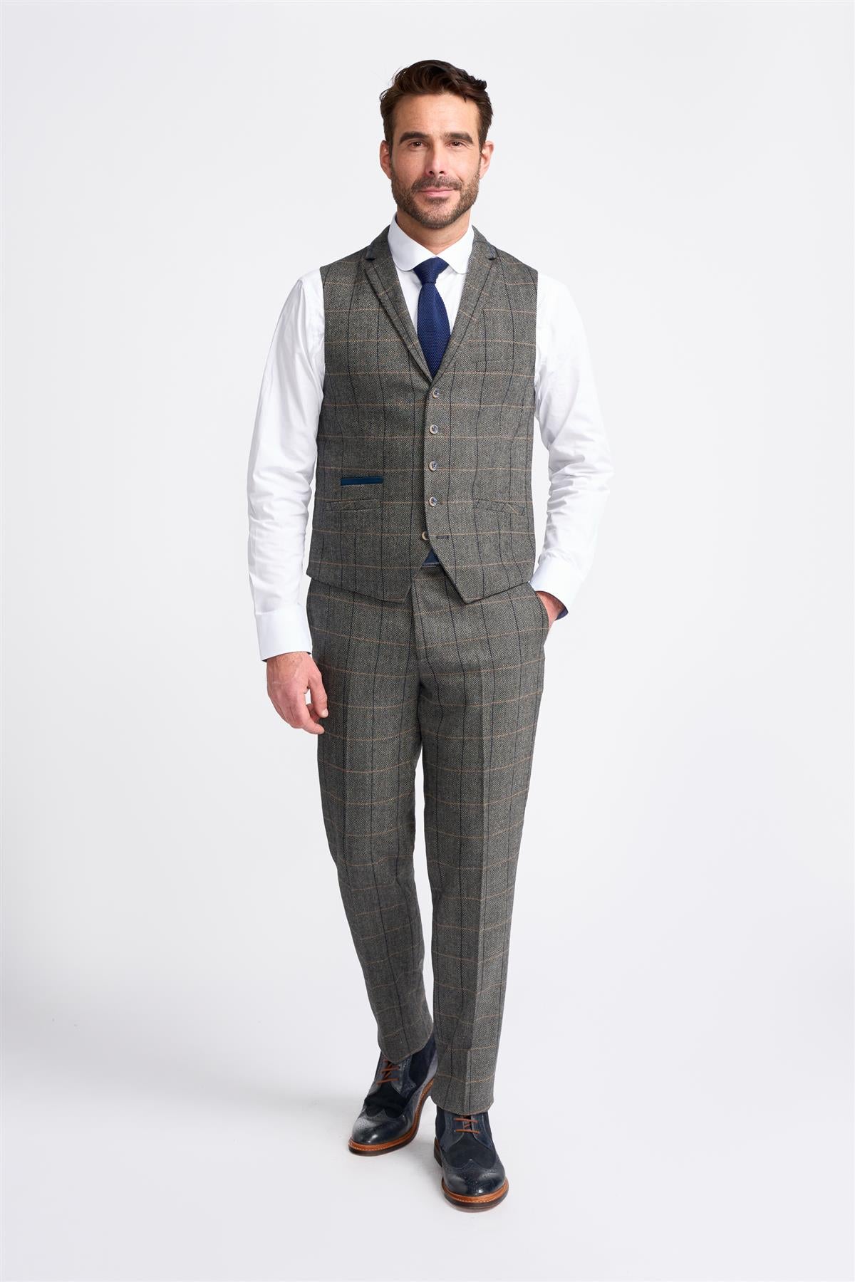 Men's Wool Blend Herringbone Check Suit - Albert - Grey - Image 6