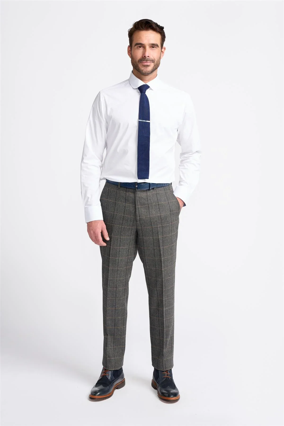 Men's Wool Blend Herringbone Check Suit - Albert - Grey - Image 9
