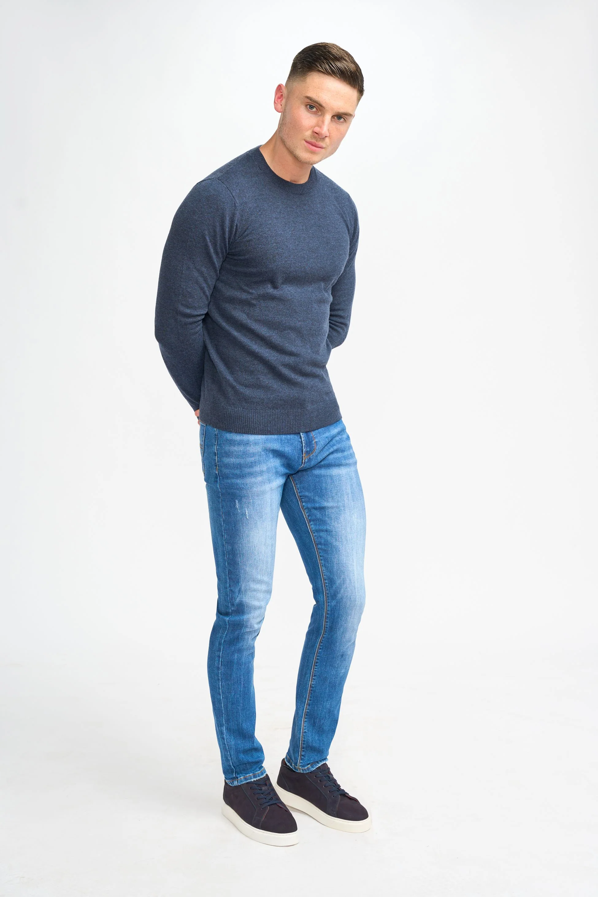 Men’s Wool Blend Knit Pullover Jumper - Connall - Navy Blue - Image 2