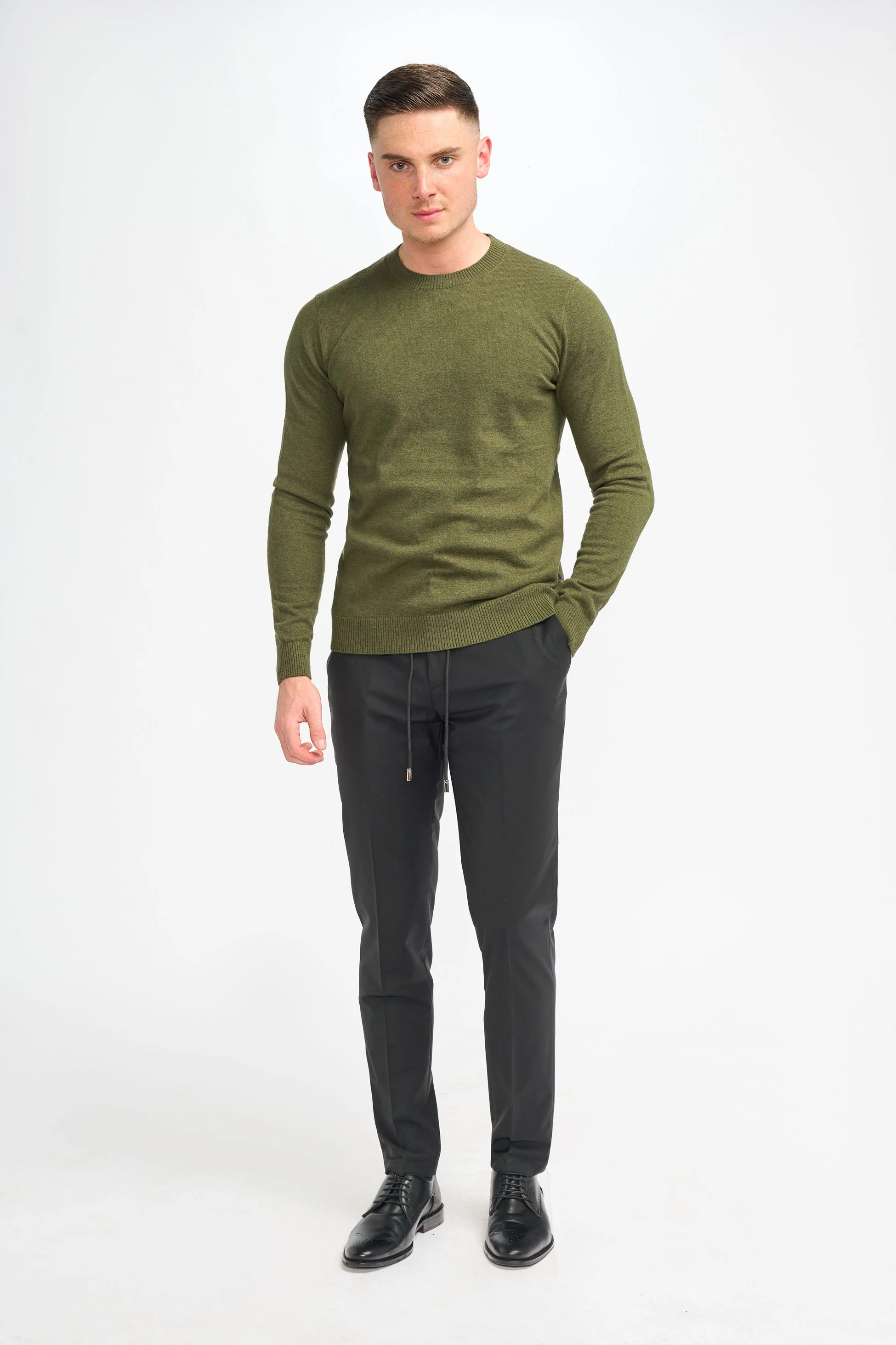 Men’s Wool Blend Knit Pullover Jumper - Connall - Olive Green - Image 2