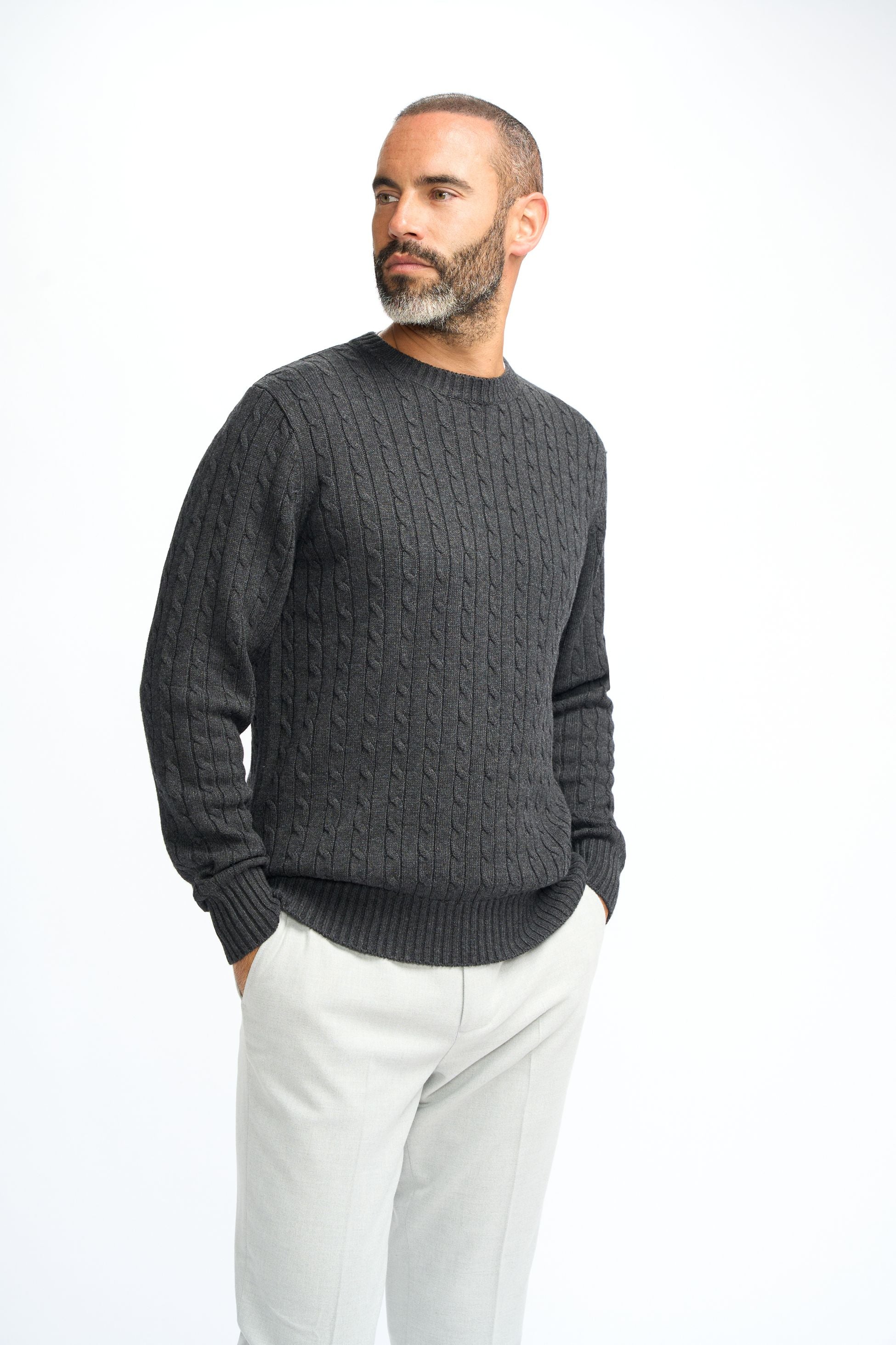 Men’s Wool Cable Knit Pullover Jumper - Foston - Charcoal Grey - Image 4