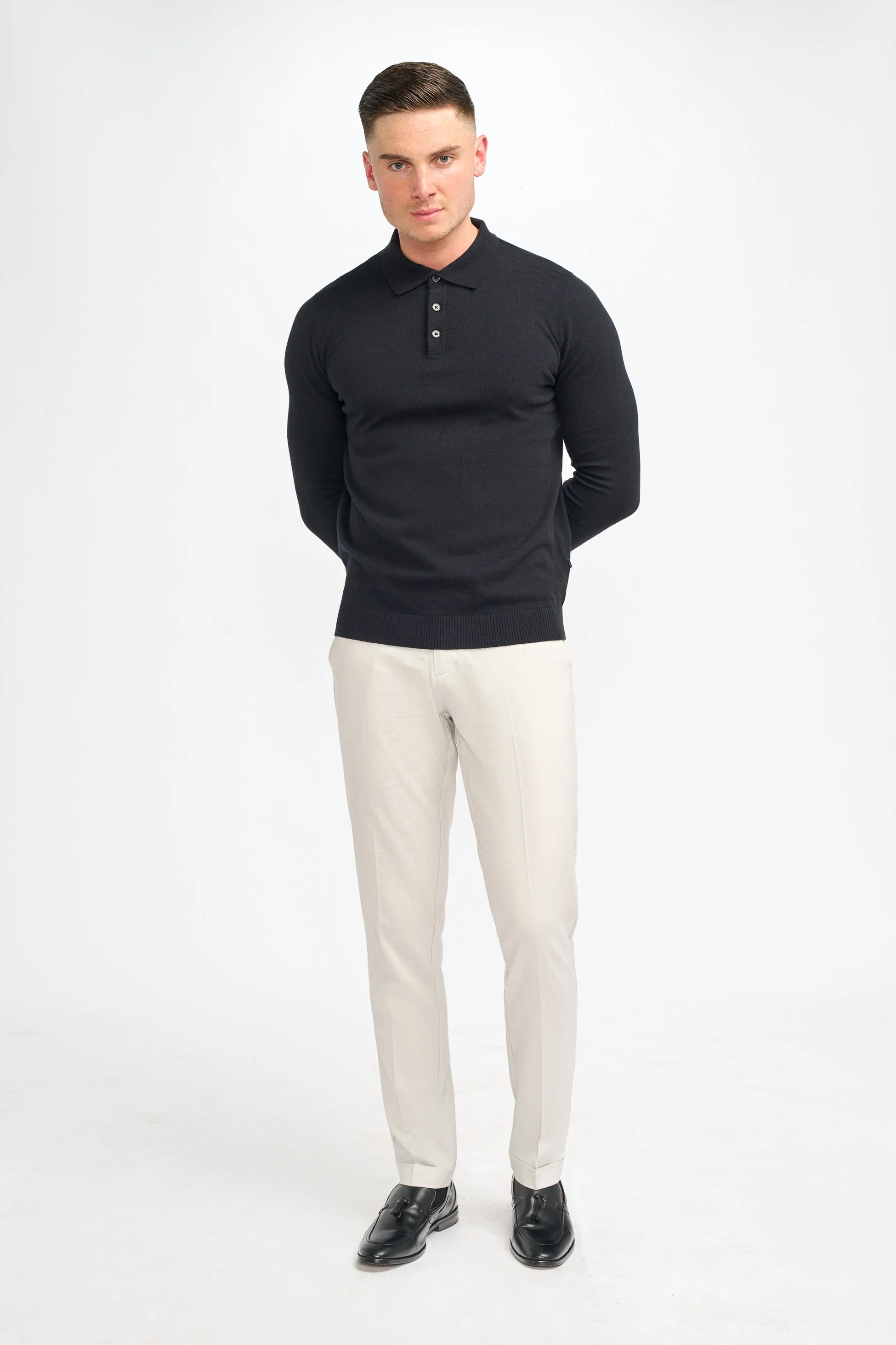 Men’s Wool Knit Long Sleeve Polo Shirt - Boom - Black - Image 2