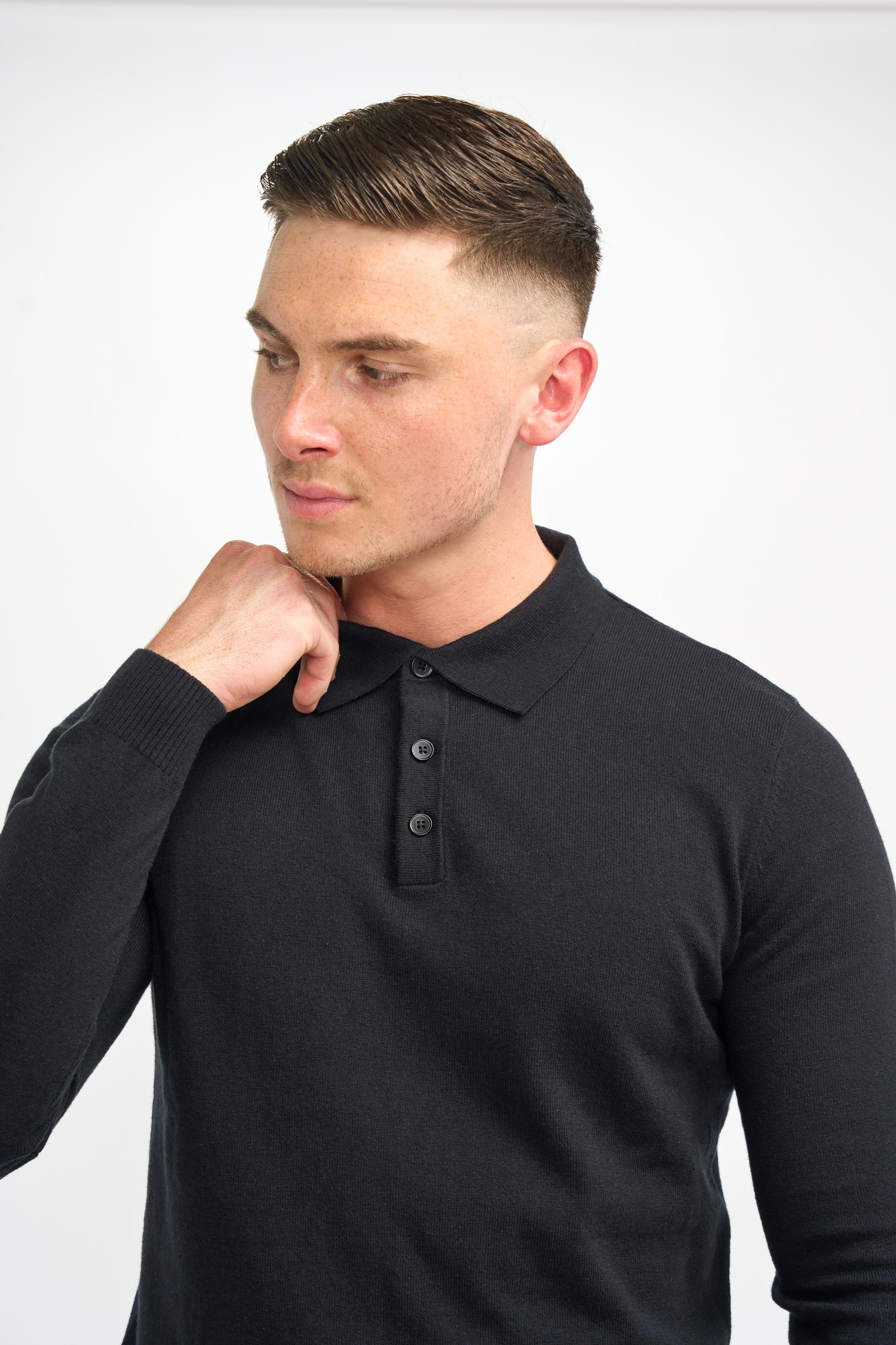 Men’s Wool Knit Long Sleeve Polo Shirt - Boom - Black - Image 3