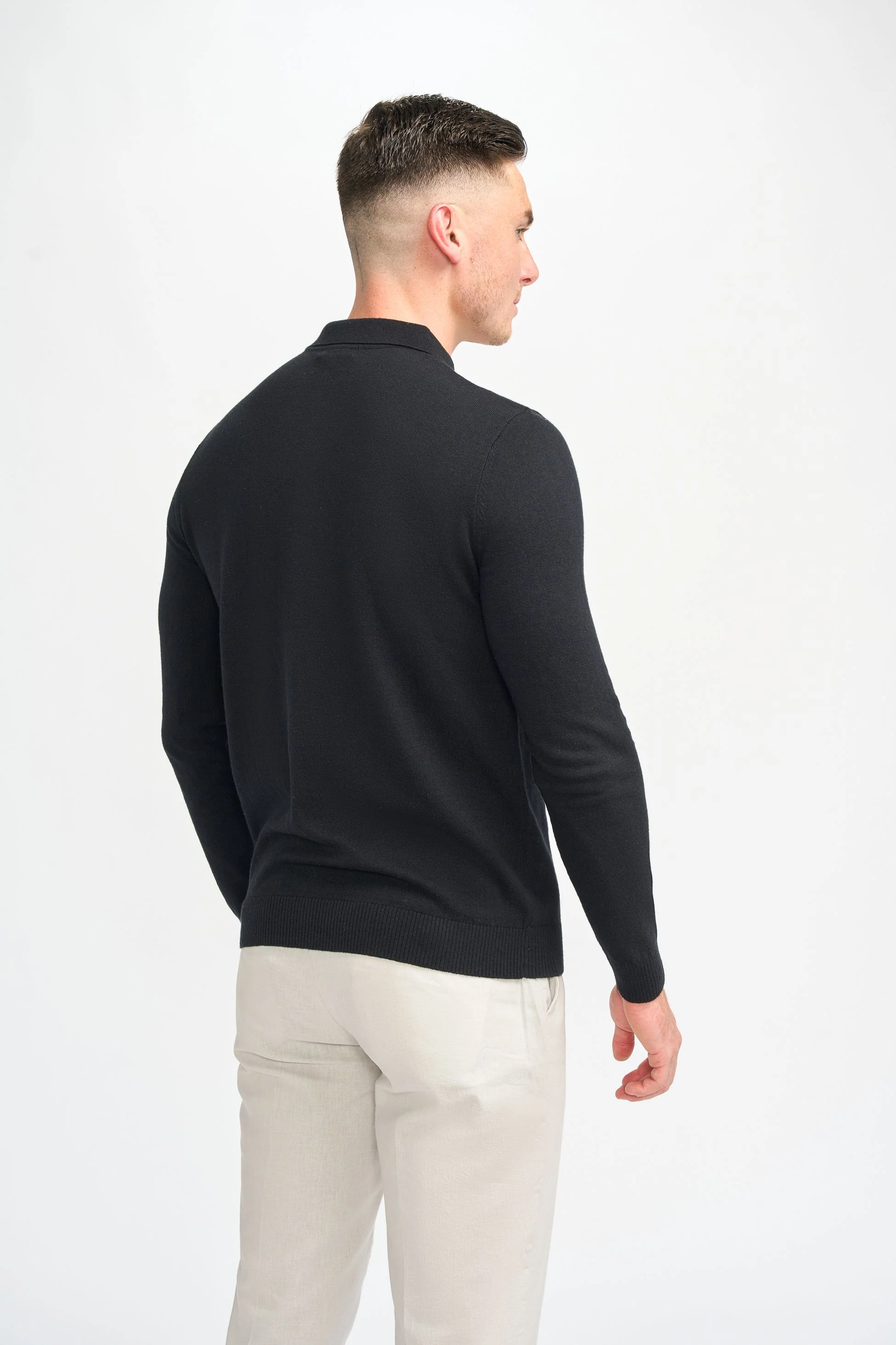 Men’s Wool Knit Long Sleeve Polo Shirt - Boom - Black - Image 4