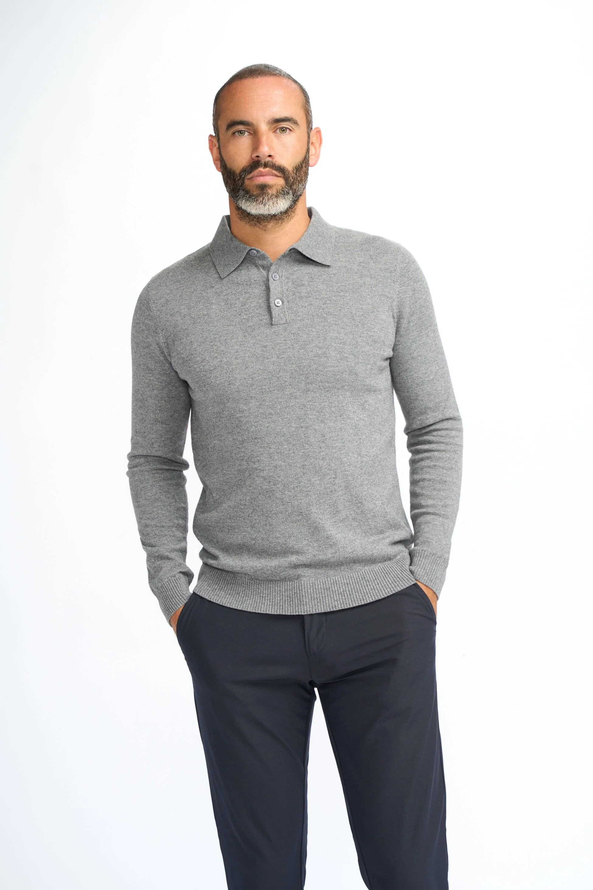 Men’s Wool Knit Long Sleeve Polo Shirt - Boom - Grey - Image 2