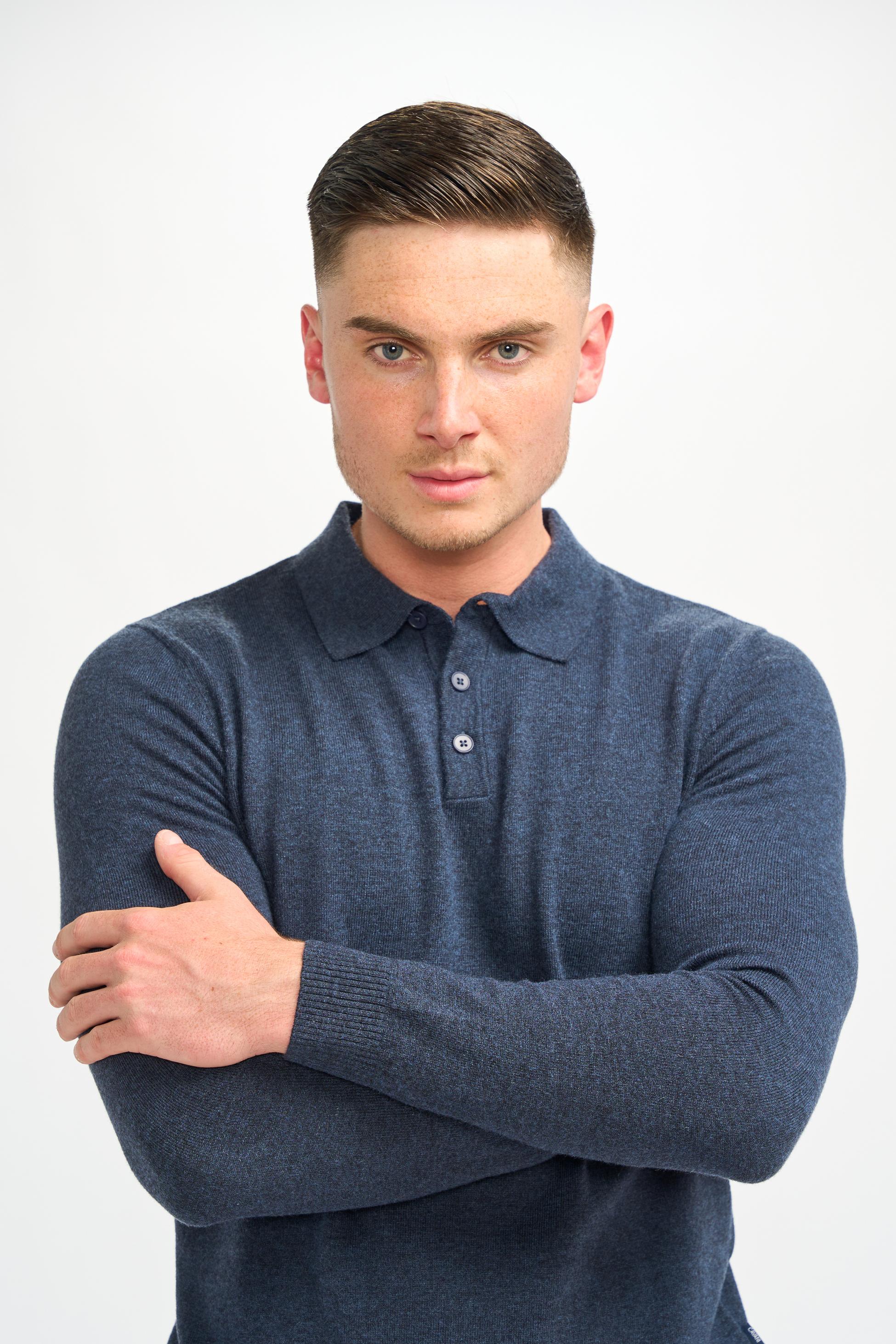 Men’s Wool Knit Long Sleeve Polo Shirt - Boom - Navy Blue - Image 3