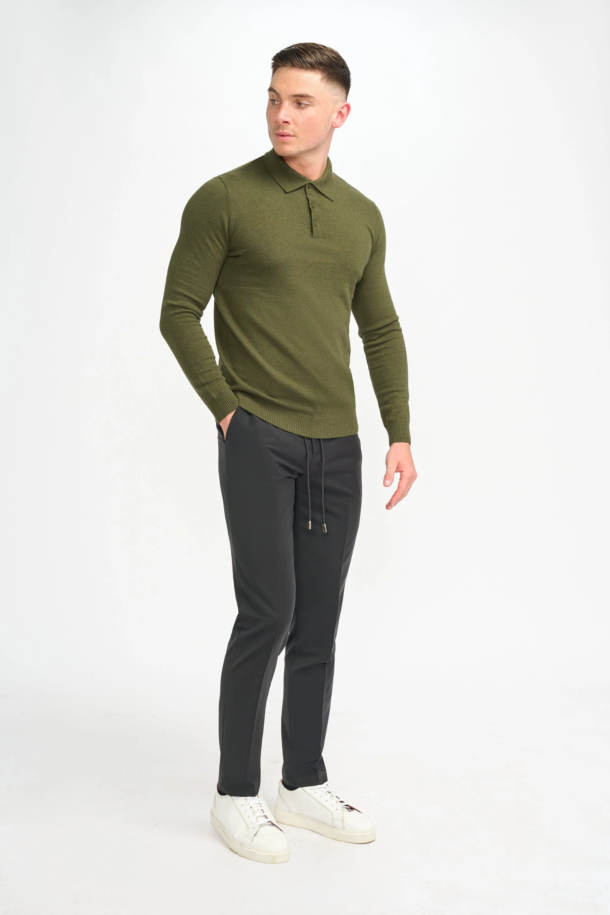 Men’s Wool Knit Long Sleeve Polo Shirt - Boom - Olive Green - Image 2