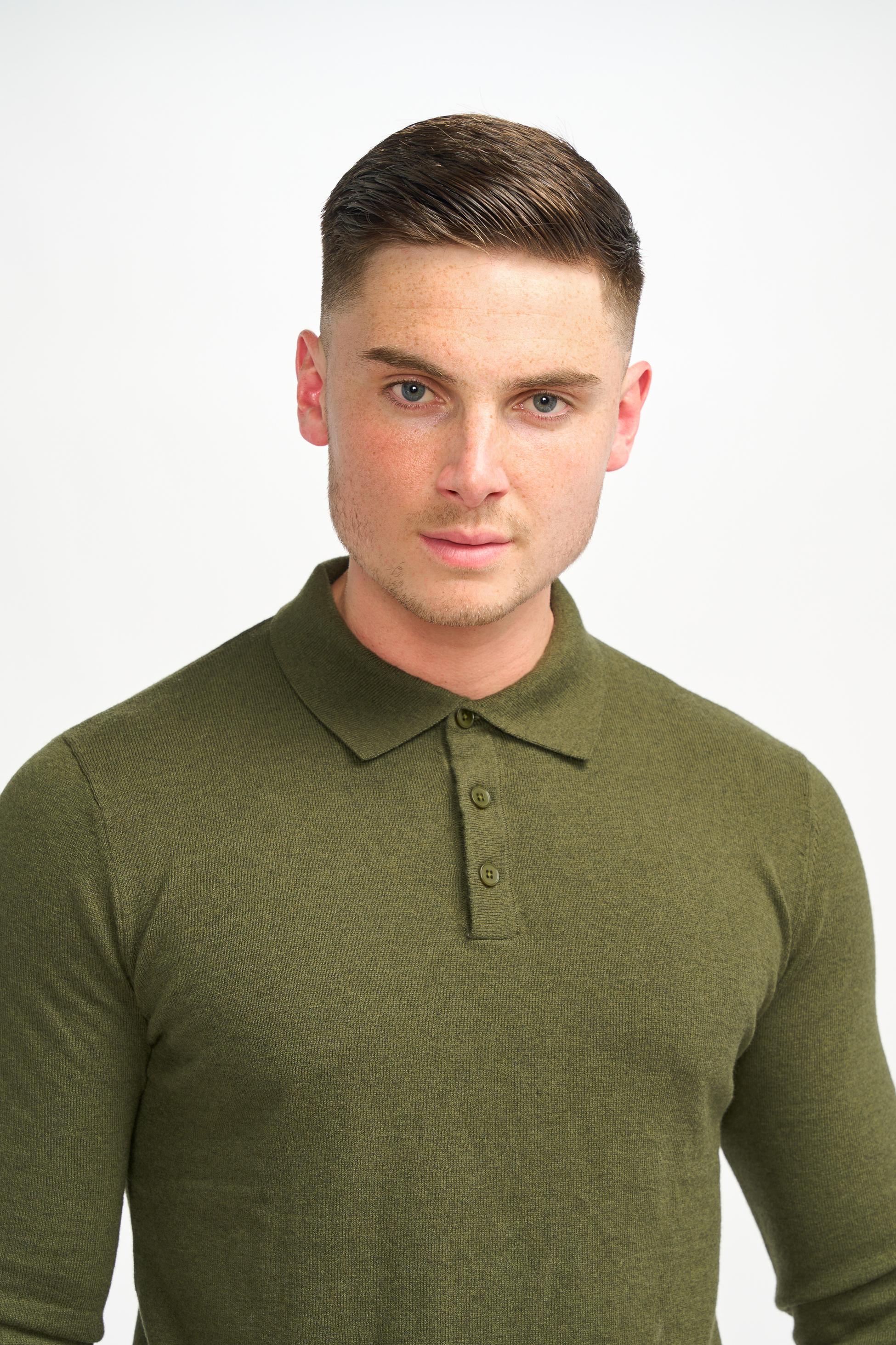 Men’s Wool Knit Long Sleeve Polo Shirt - Boom - Olive Green - Image 3