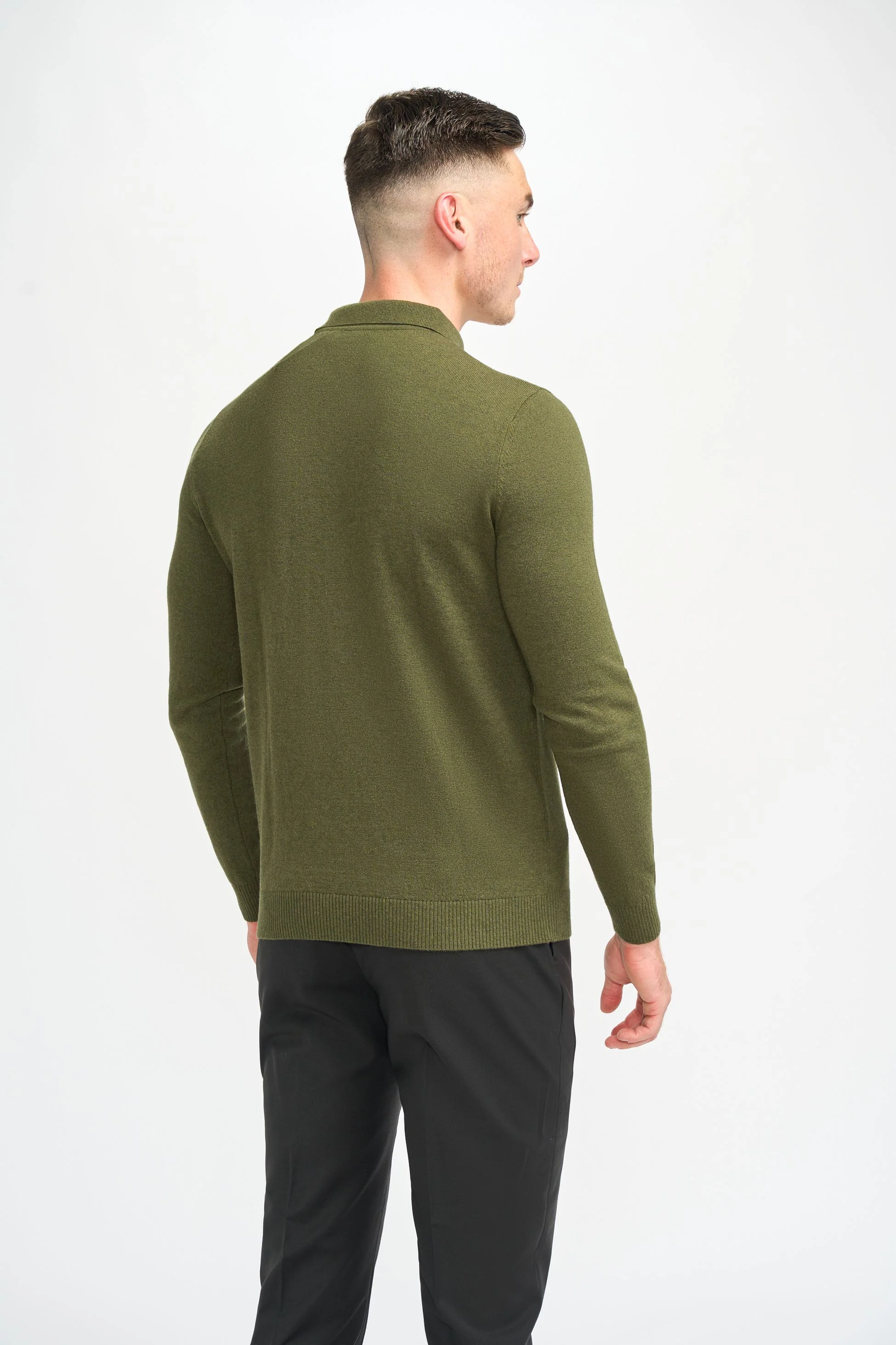 Men’s Wool Knit Long Sleeve Polo Shirt - Boom - Olive Green - Image 4