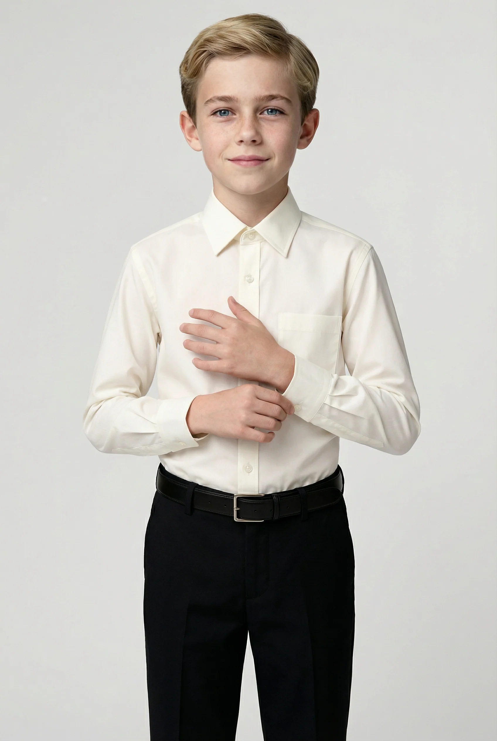 Boys Cotton Classic Collar Long Sleeve Shirt - Ivory - Image 3
