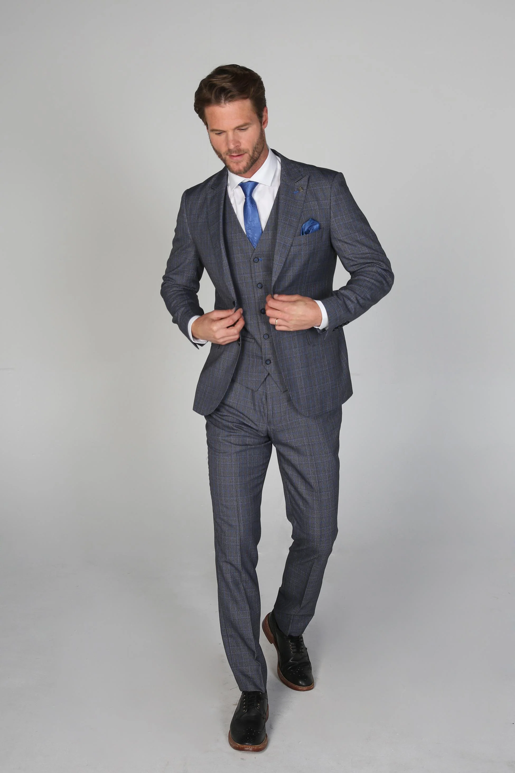 Men's Check Textured Tailored Fit Formal Suit - HENRY - Grey - Blue - Image 2