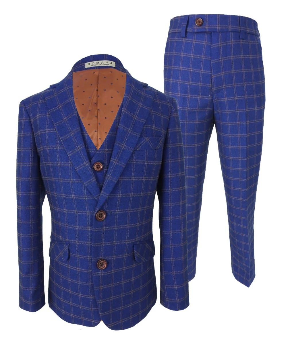 Boys Slim Fit Royal Blue Retro Check Suit - Royal Blue- Brown - Image 4
