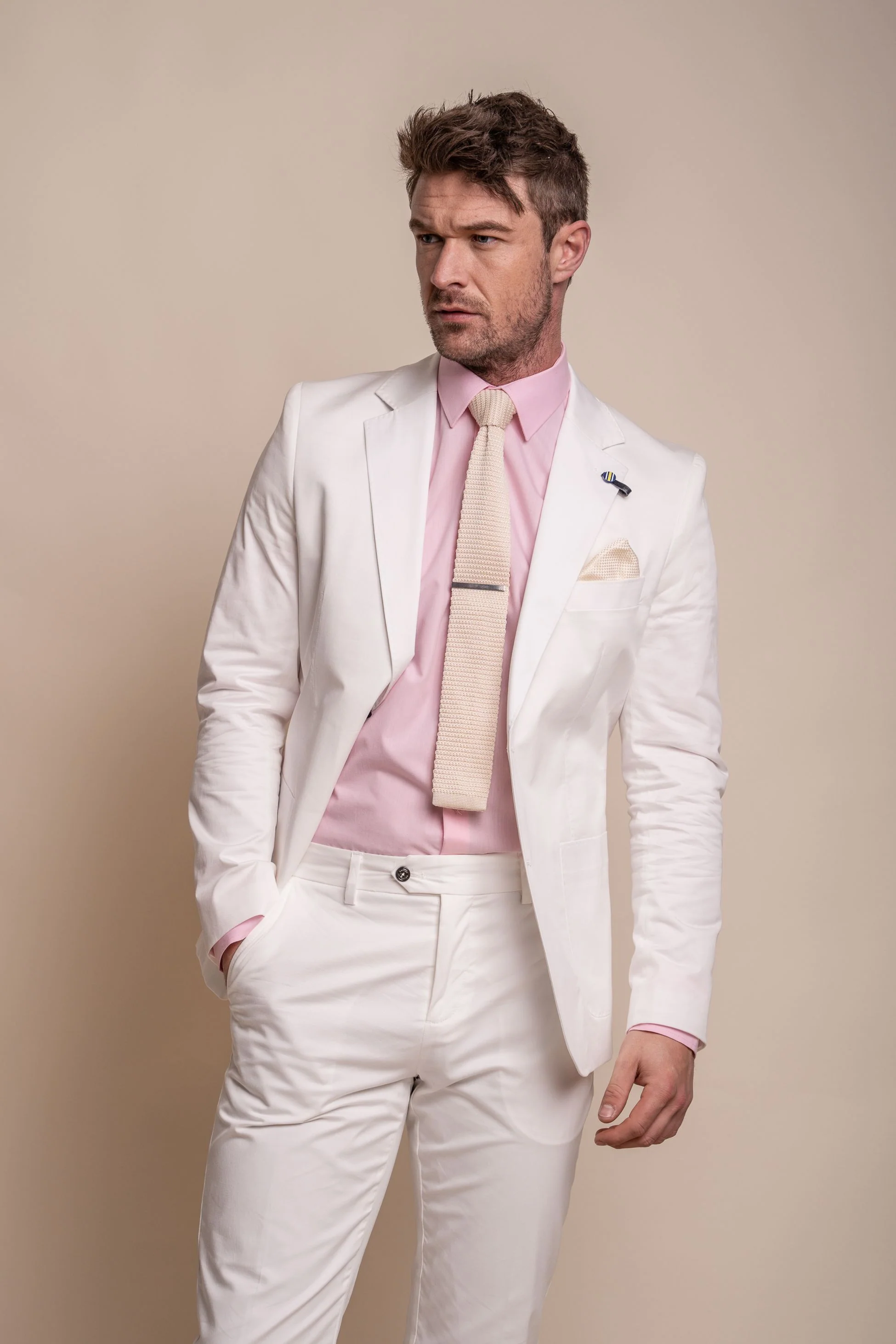 Men's Cotton Slim Fit Formal Suit - MARIO - Ecru