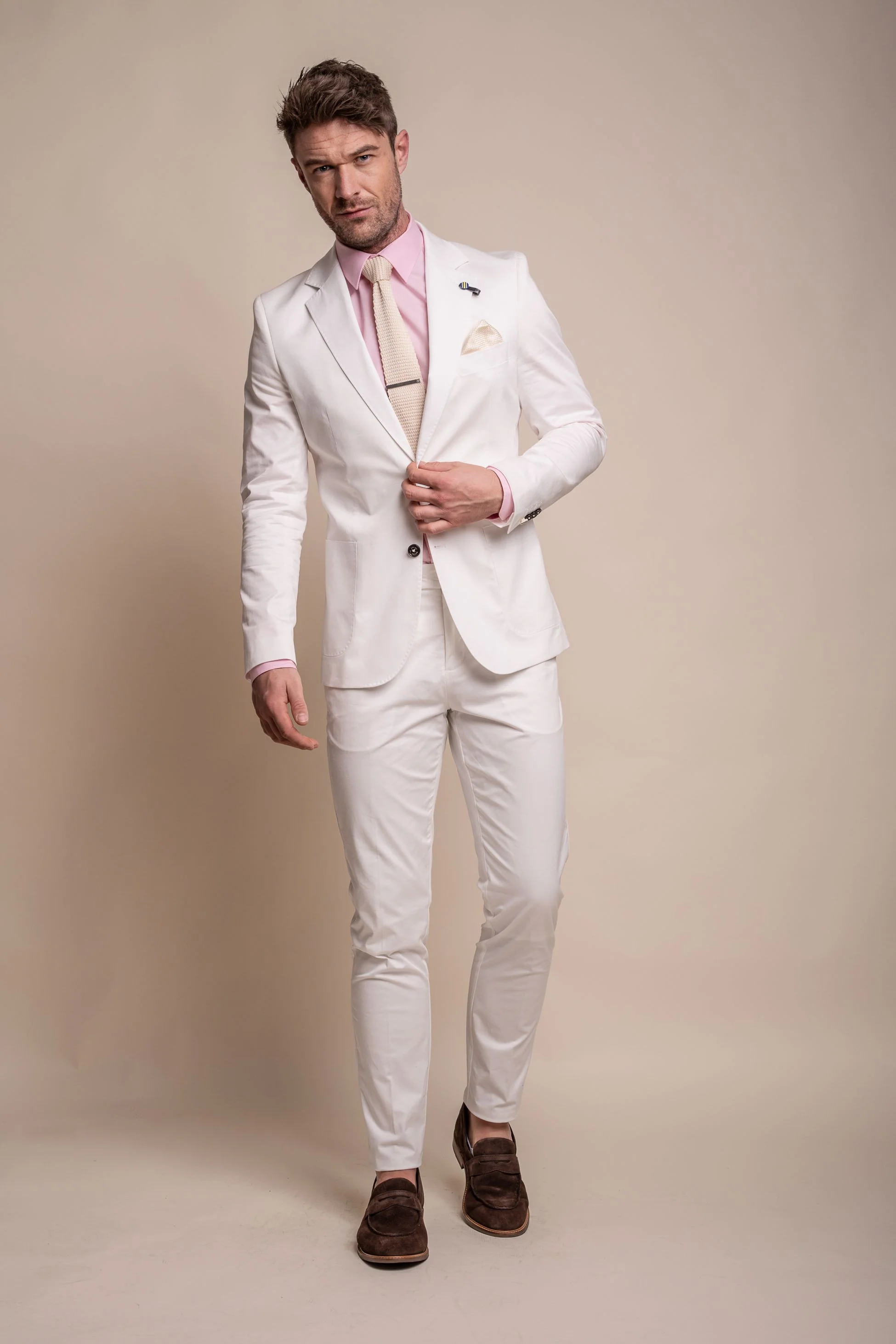 Men's Cotton Slim Fit Formal Suit - MARIO - Ecru - Image 2