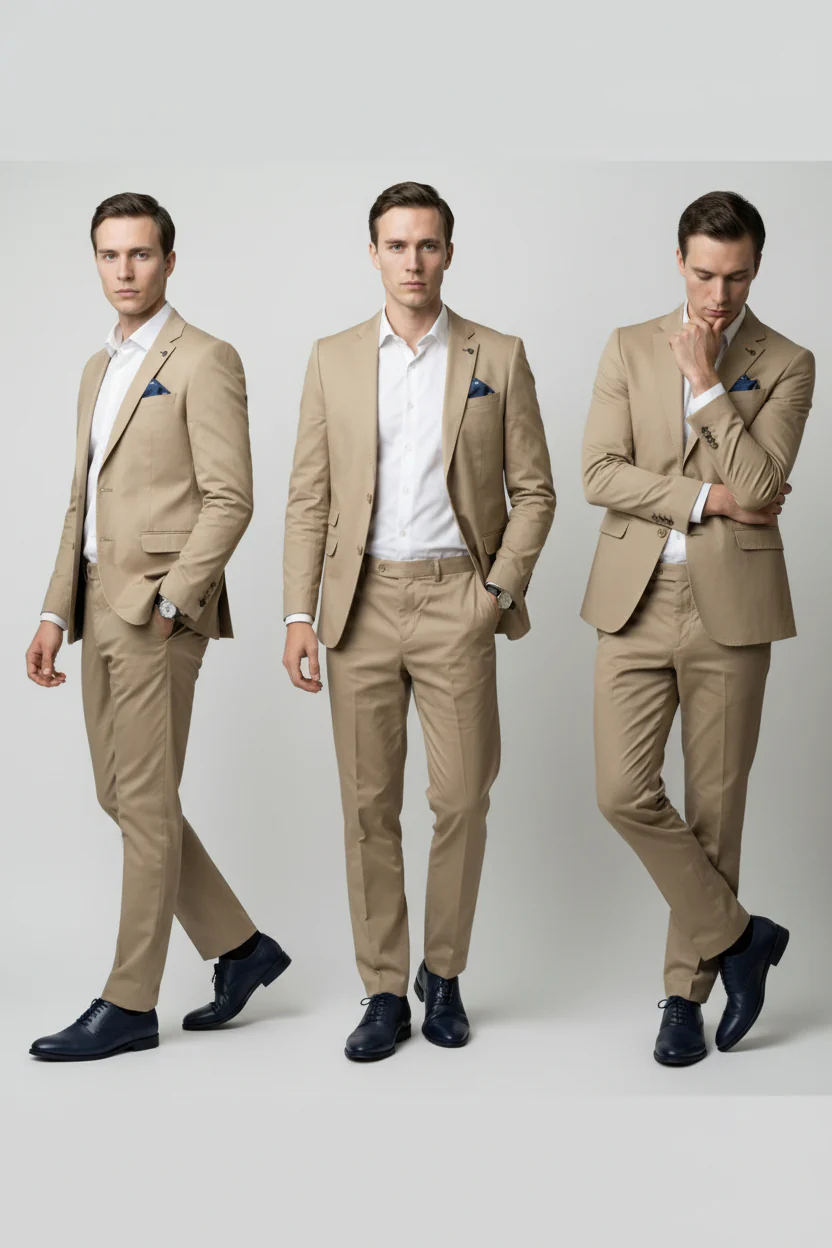 Men's Cotton Slim Fit Beige Suit - KINGSTON - Beige - Image 4