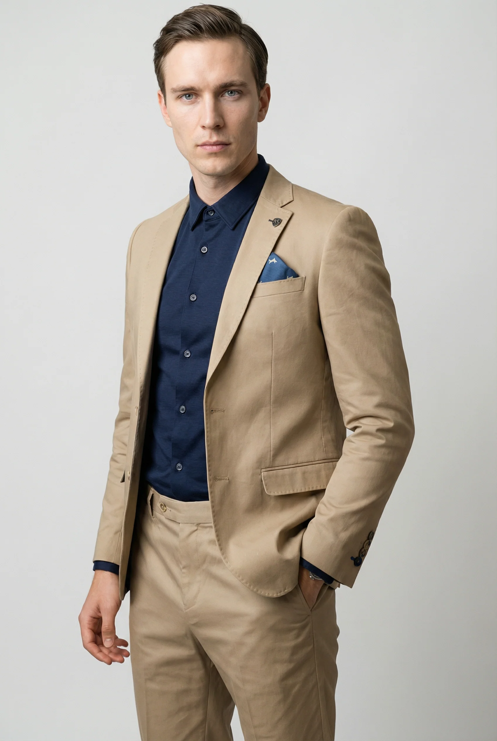 Men's Cotton Slim Fit Beige Suit - KINGSTON - Beige - Image 7