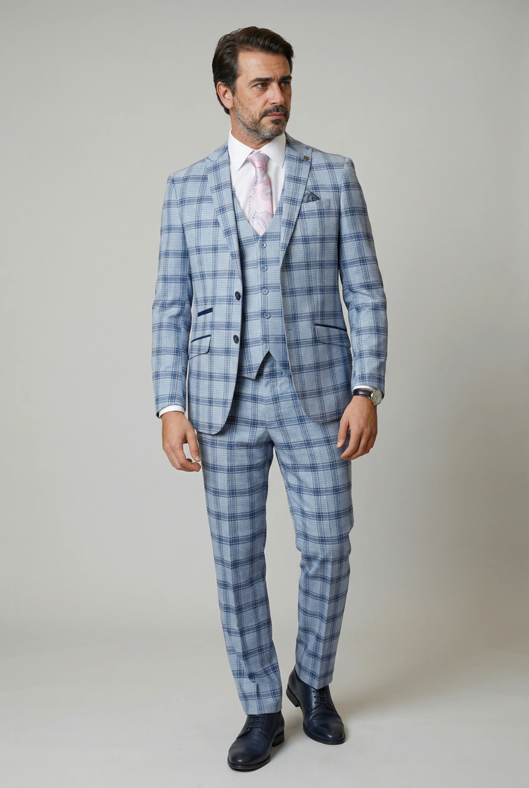 Men's Slim Fit Windowpane Check Blue Suit - BLAKE - Pale Blue - Image 3