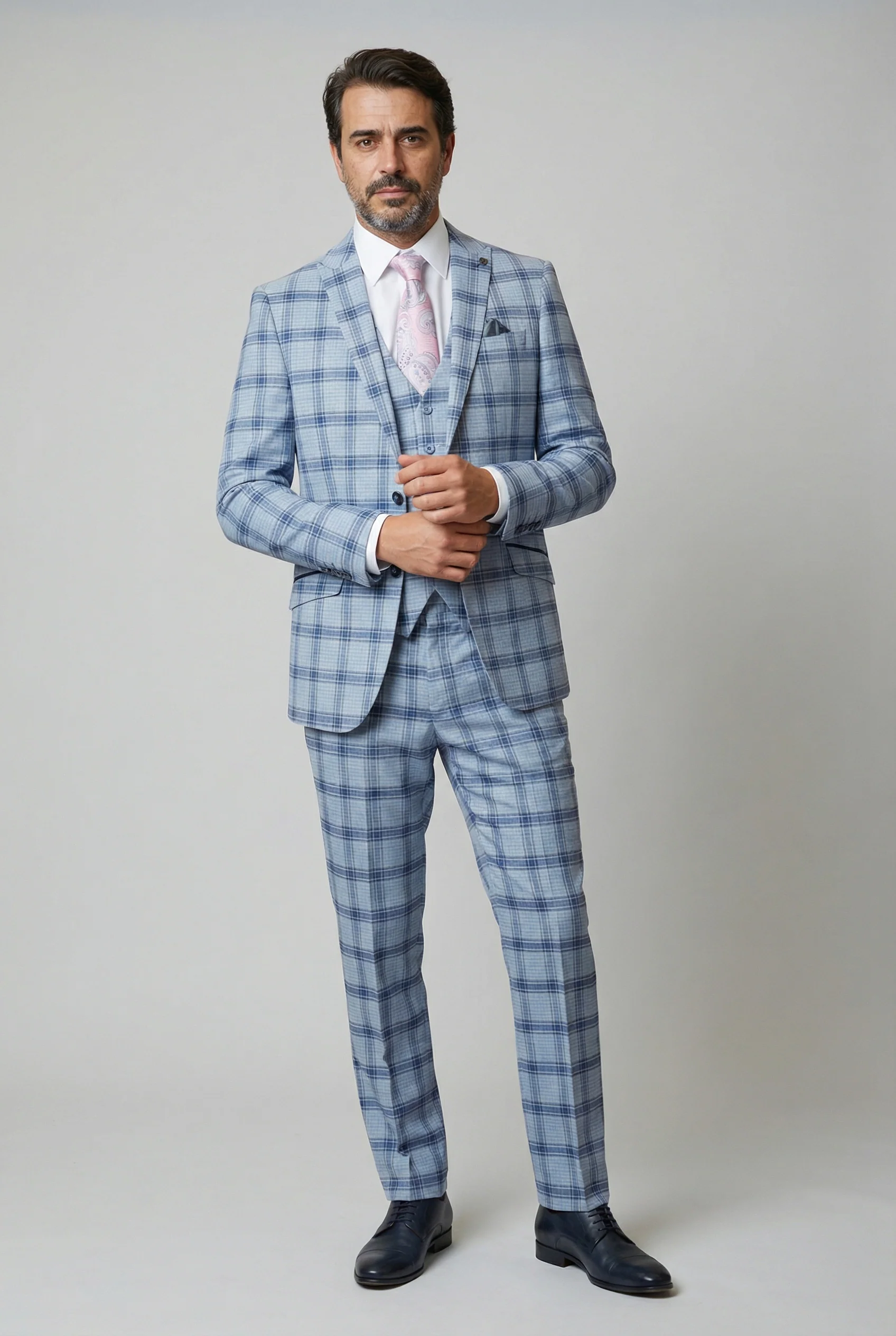 Men's Slim Fit Windowpane Check Blue Suit - BLAKE - Pale Blue - Image 4