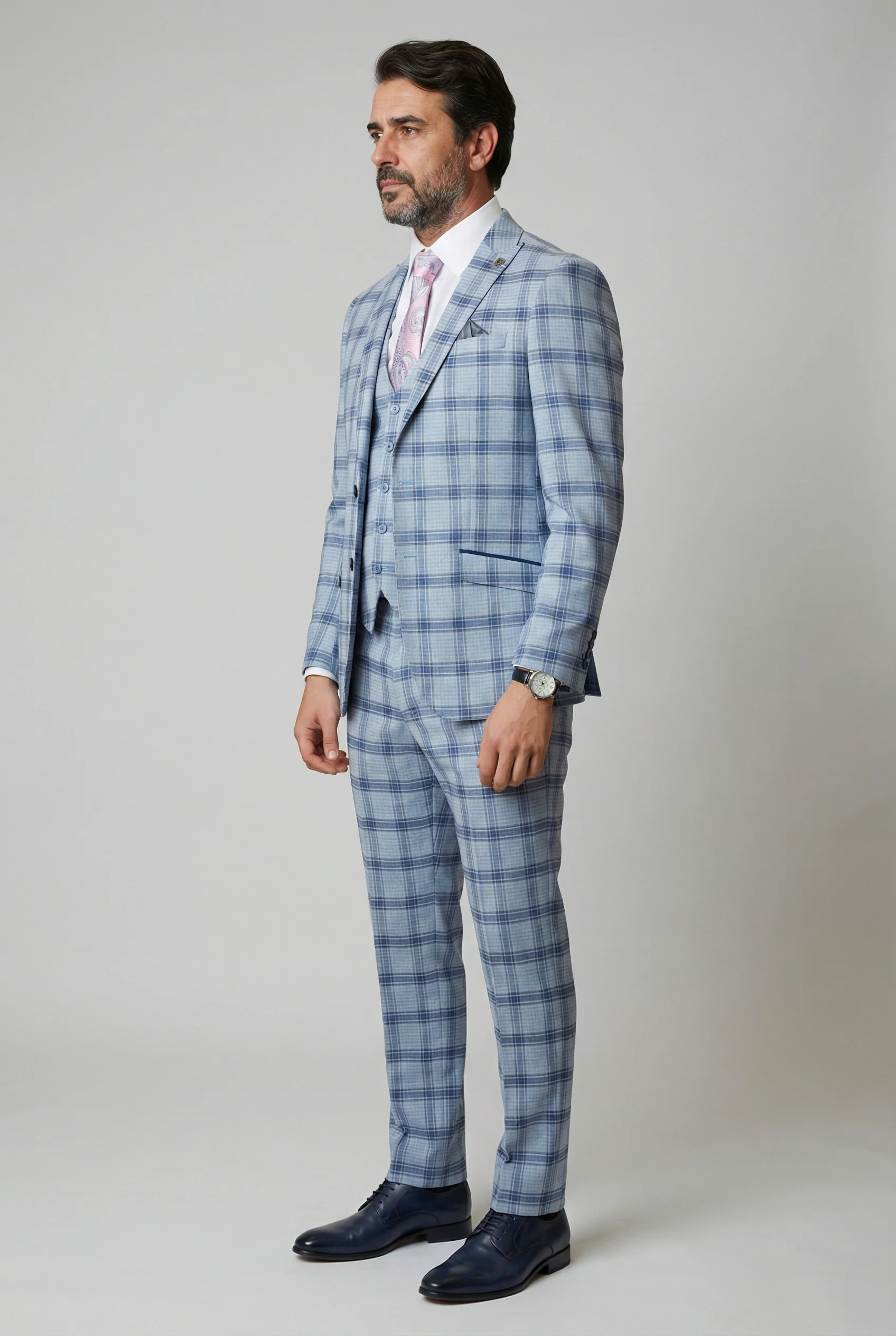 Men's Slim Fit Windowpane Check Blue Suit - BLAKE - Pale Blue - Image 5