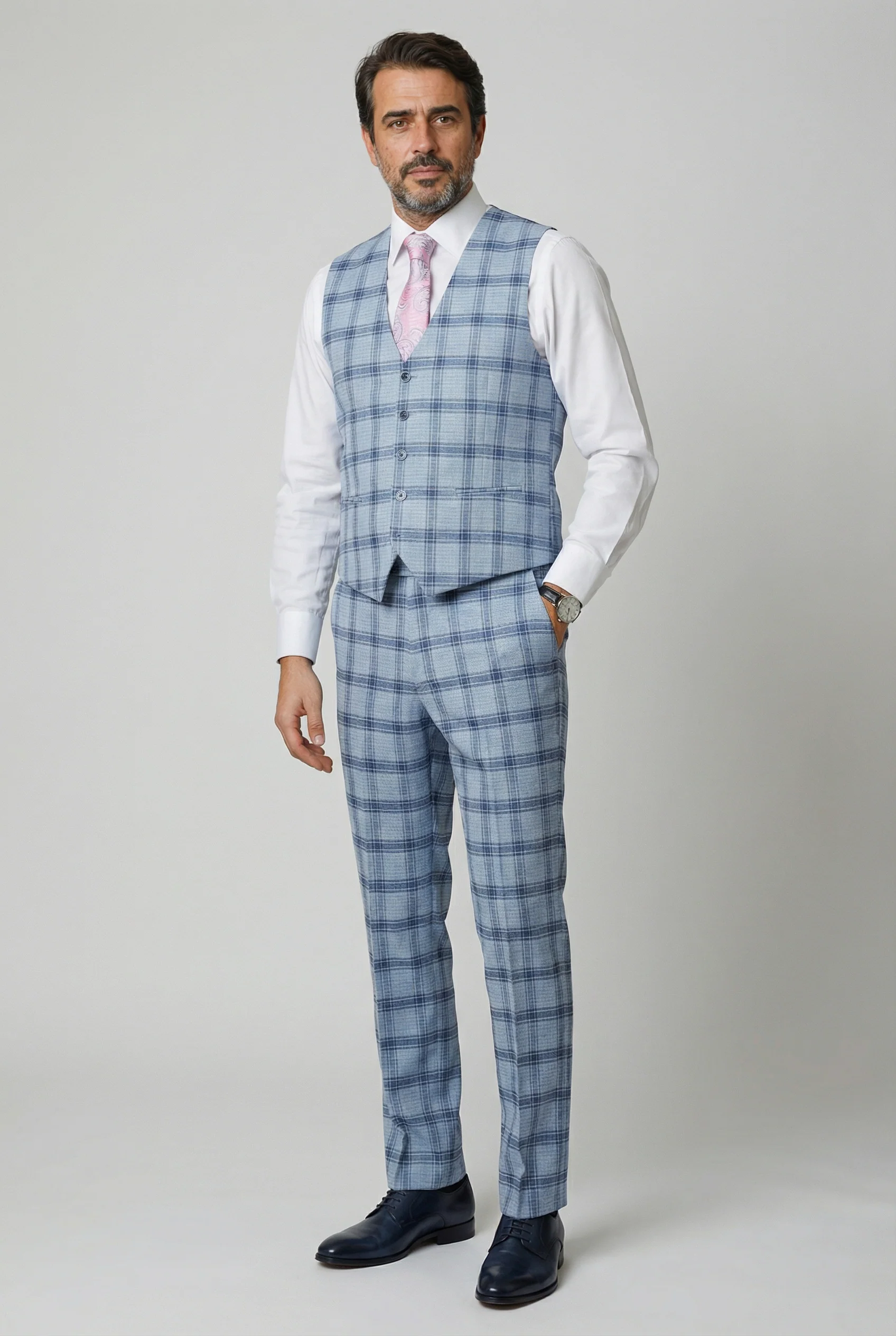 Men's Slim Fit Windowpane Check Blue Suit - BLAKE - Pale Blue - Image 7