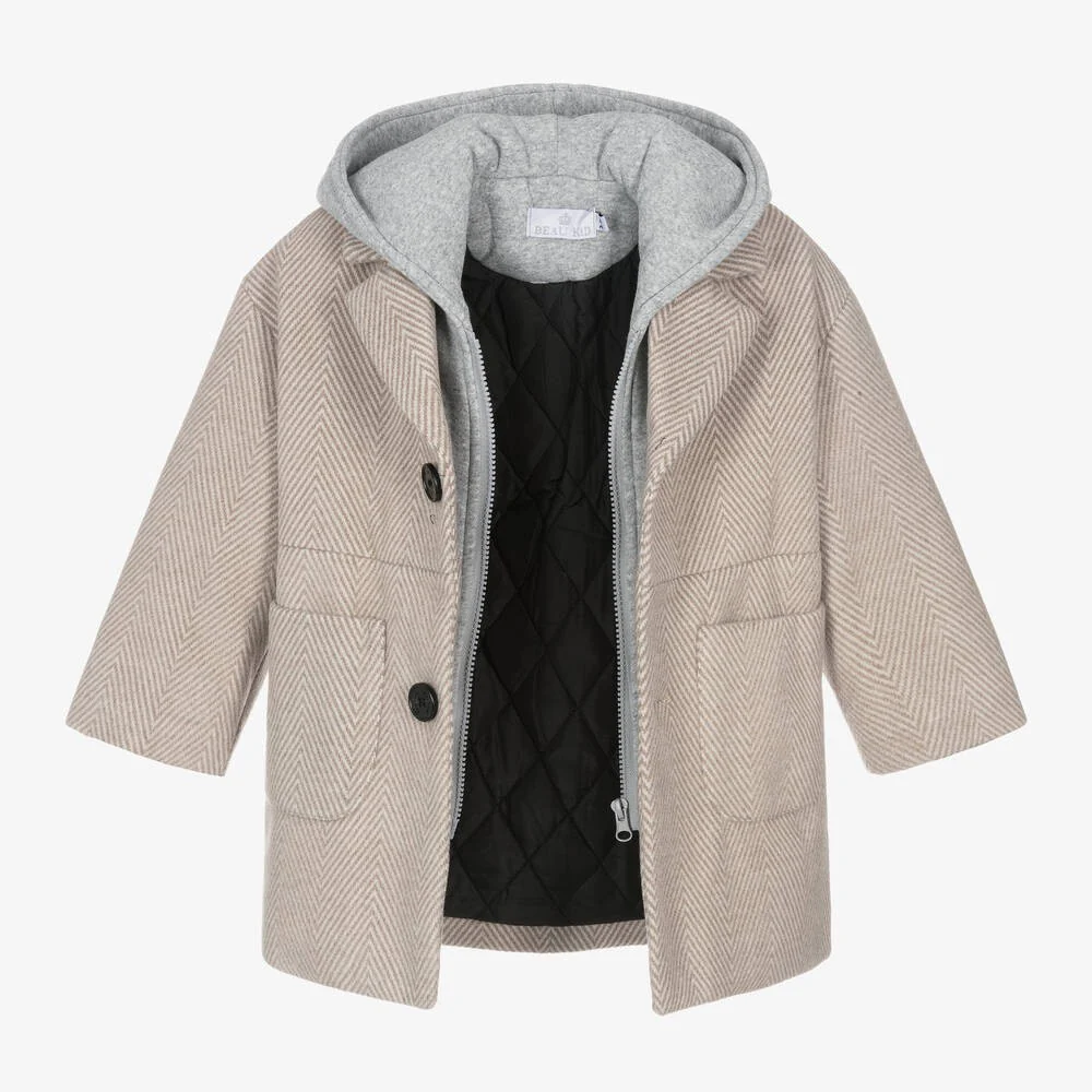 Boys Beige Hooded Herringbone Coat with Jersey Insert - Beige - Image 3