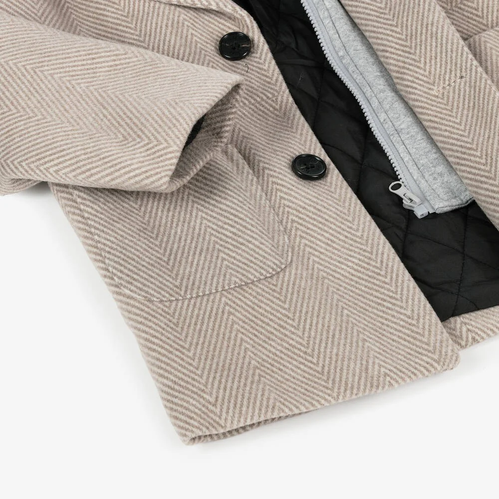 Boys Beige Hooded Herringbone Coat with Jersey Insert - Beige - Image 5