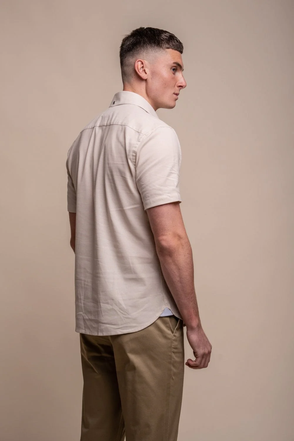 Men's Slim Fit Linen Blend Short Sleeve Shirt - FUEGO - Beige - Image 3