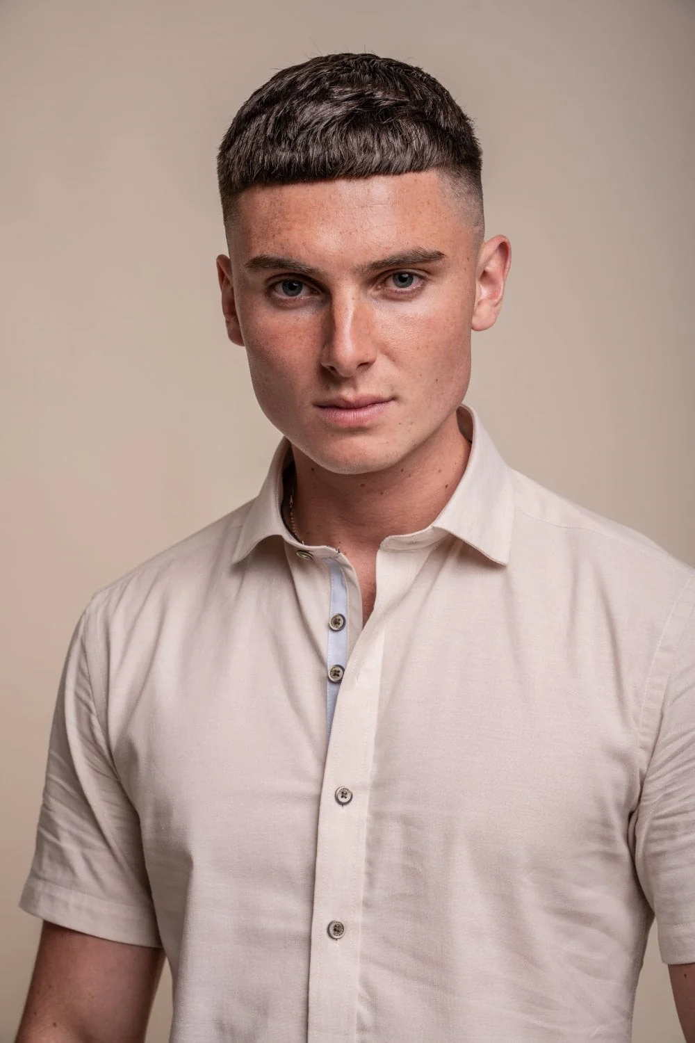 Men's Slim Fit Linen Blend Short Sleeve Shirt - FUEGO - Beige - Image 6