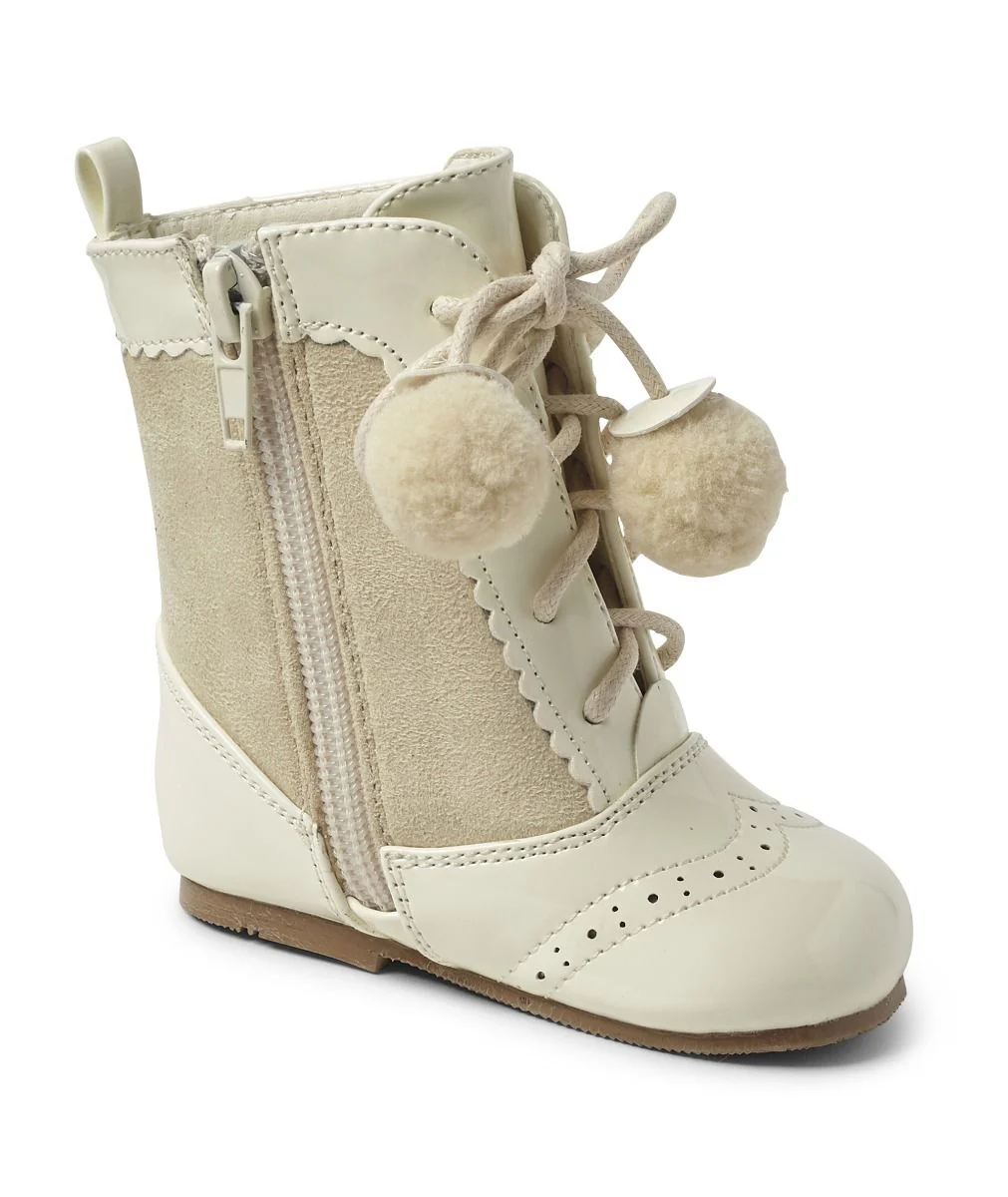 Kids Patent Leather Brogue Unisex Lace-up Boots - SIENNA - Cream - Ivory