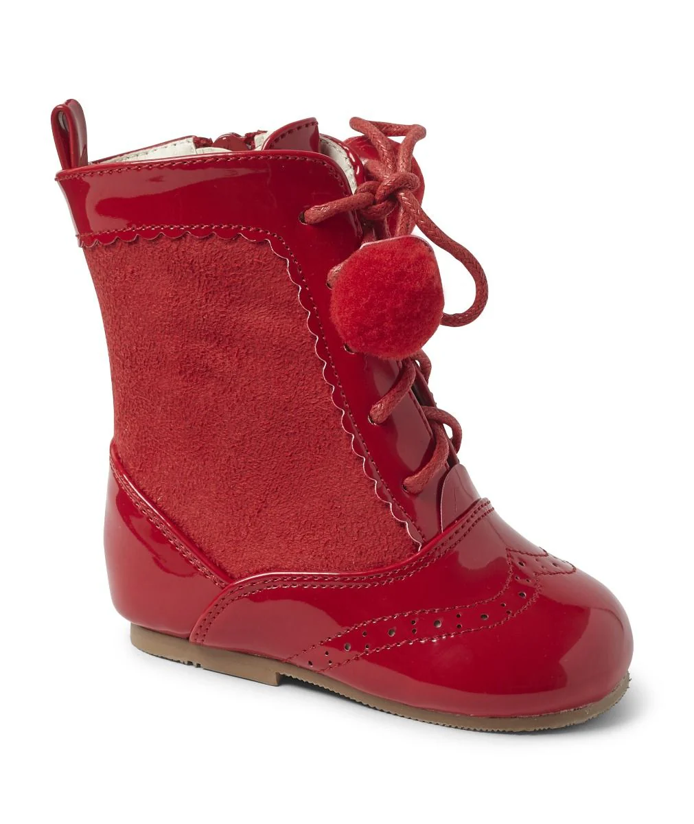Kids Patent Leather Brogue Unisex Lace-up Boots - SIENNA - Red