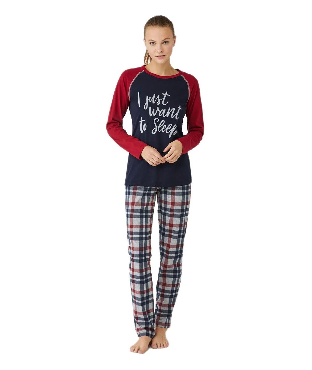 Women's Comfortable Navy & Burgundy Pyjama - Burgundy - Navy Blue - Image 4